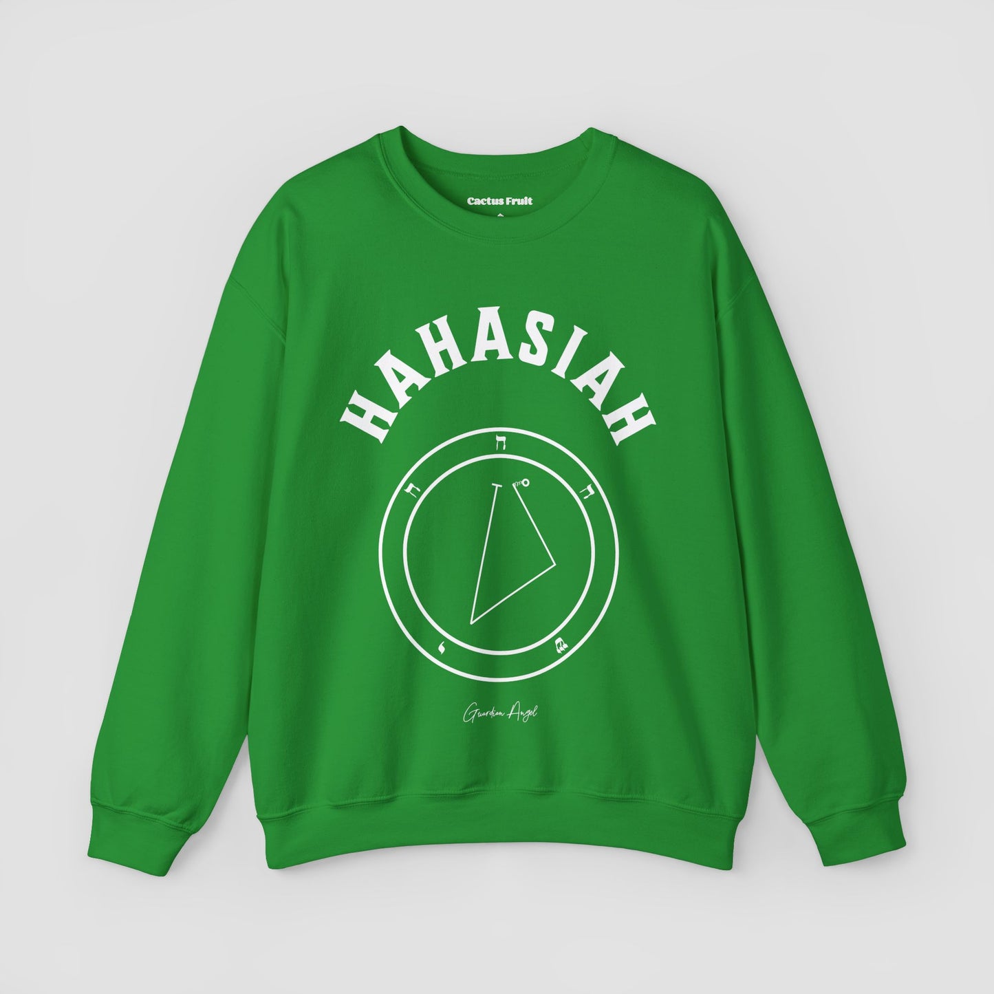 No.51 Shemhamphorasch Guardian Angel "Hahasiah" Sweatshirt in Irish Green. With the seal of Hahasiah in white print on the front.