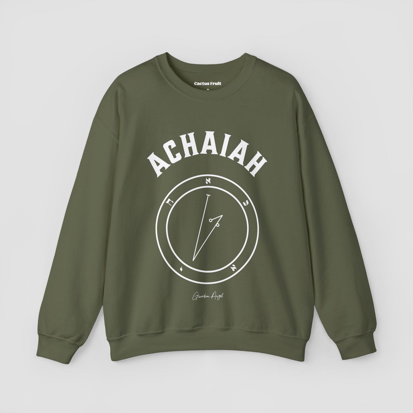 No.7 Shemhamphorasch Guardian Angel "Achaiah" Sweatshirt in Military Green. With the seal of Achaiah in white print on the front.
