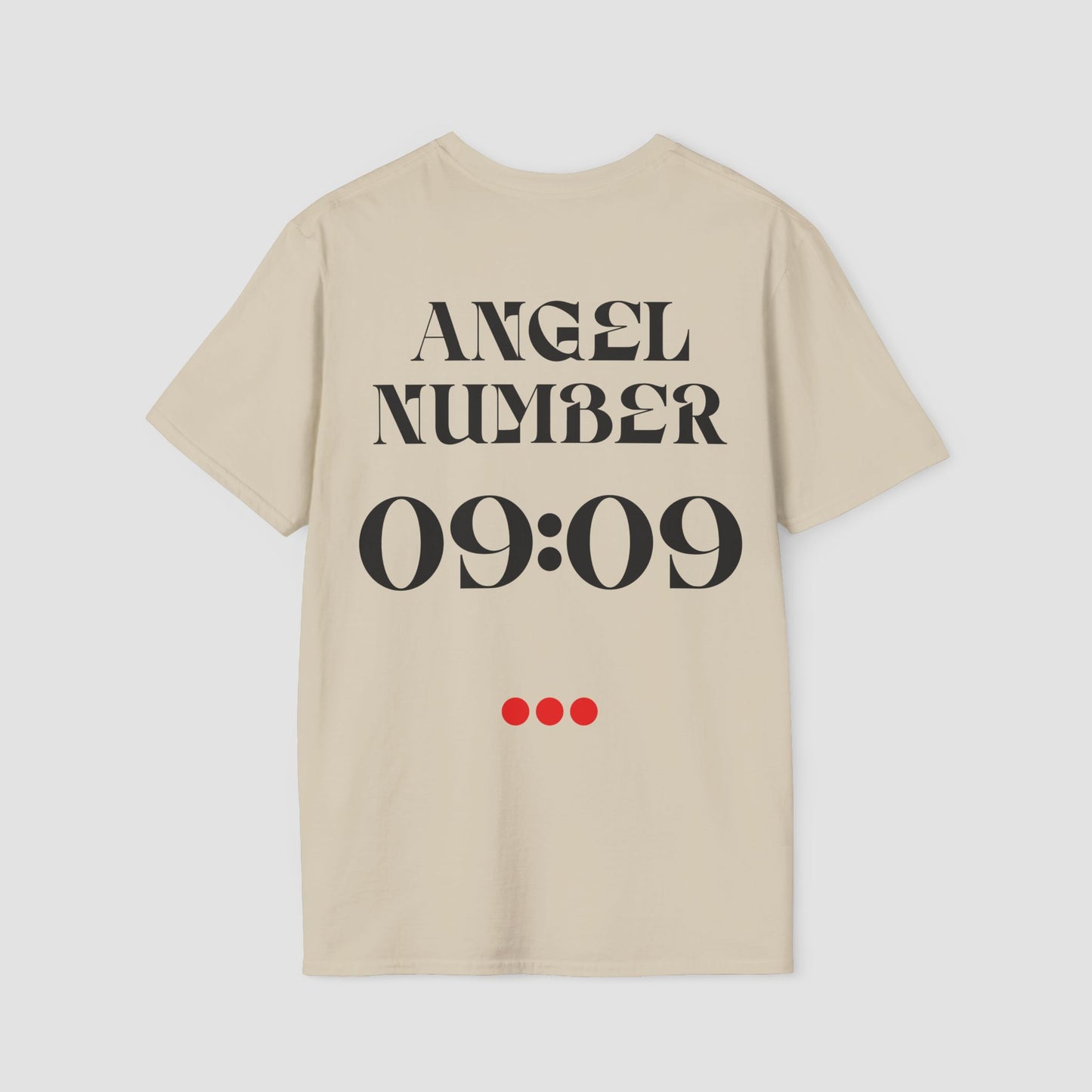 Beige t-shirt with 'ANGEL NUMBER 09:09' printed on the back against a white background