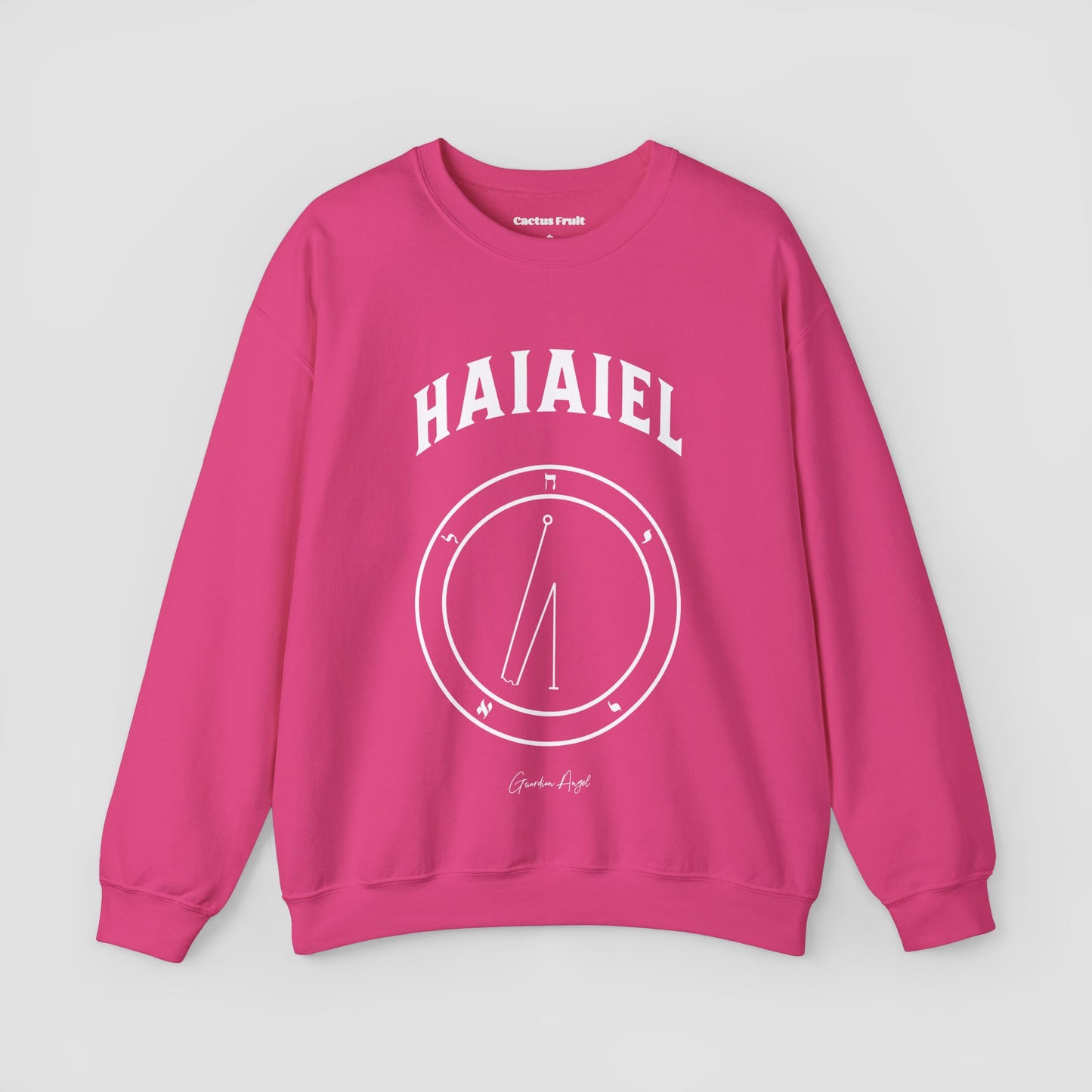 No.71 Shemhamphorasch Guardian Angel "Haiaiel" Sweatshirt in Heliconia Pink. With the seal of Haiaiel in white print on the front.