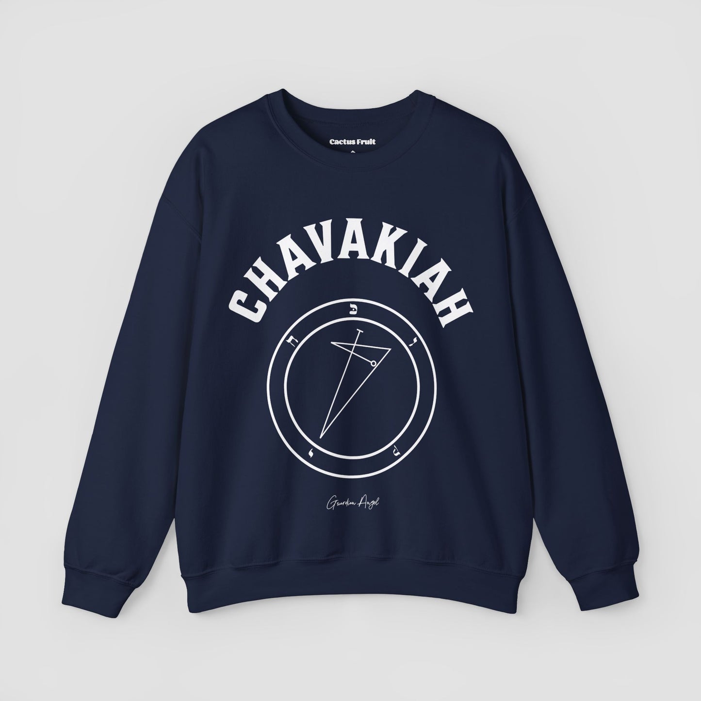 No.35 Shemhamphorasch Guardian Angel "Chavakiah" Sweatshirt in Navy Blue. With the seal of Chavakiah in white print on the front.