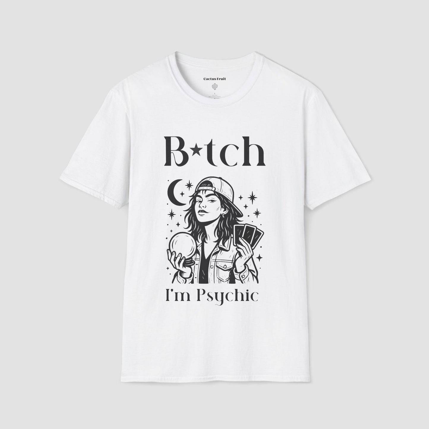 White Bitch I'm Psychic T-shirt with a graphic of a girl in baseball cap holding a Crystal Ball in one hand, and Tarot cards in the other hand.