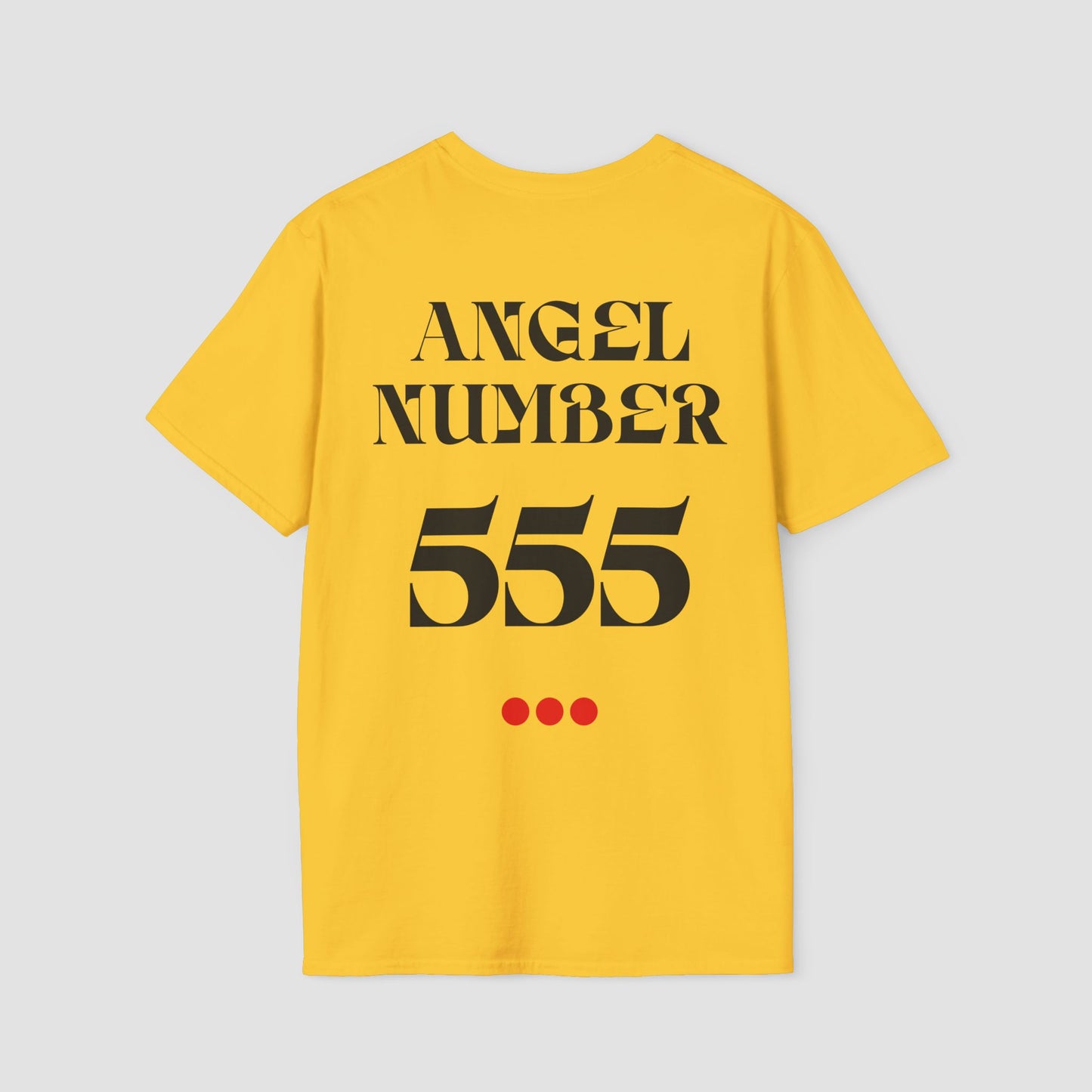 Yellow t-shirt with 'ANGEL NUMBER 555' printed on the back against a light gray background