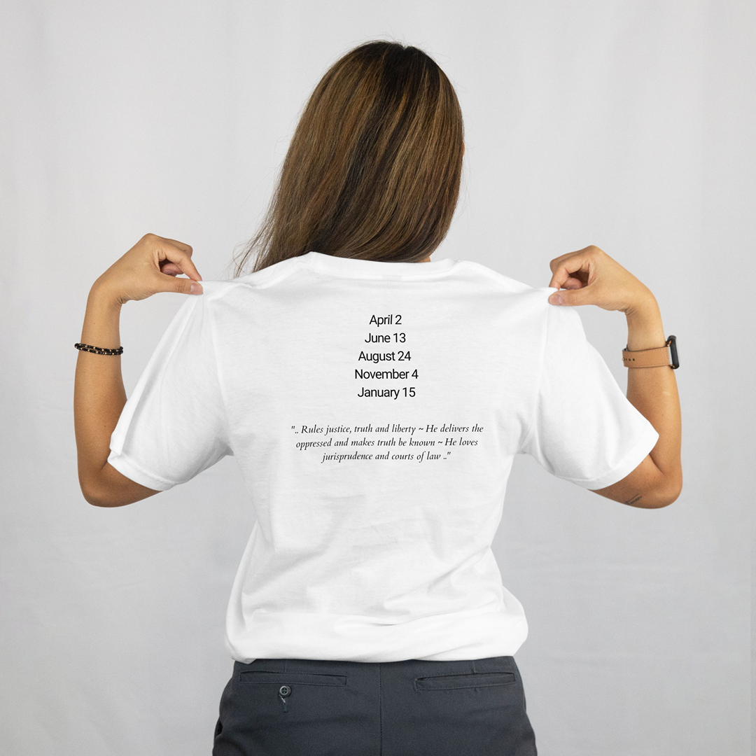Attributes of No.14_Mebahel Shem Hamephorash Guardian Angel written on the back of a white T-Shirt.