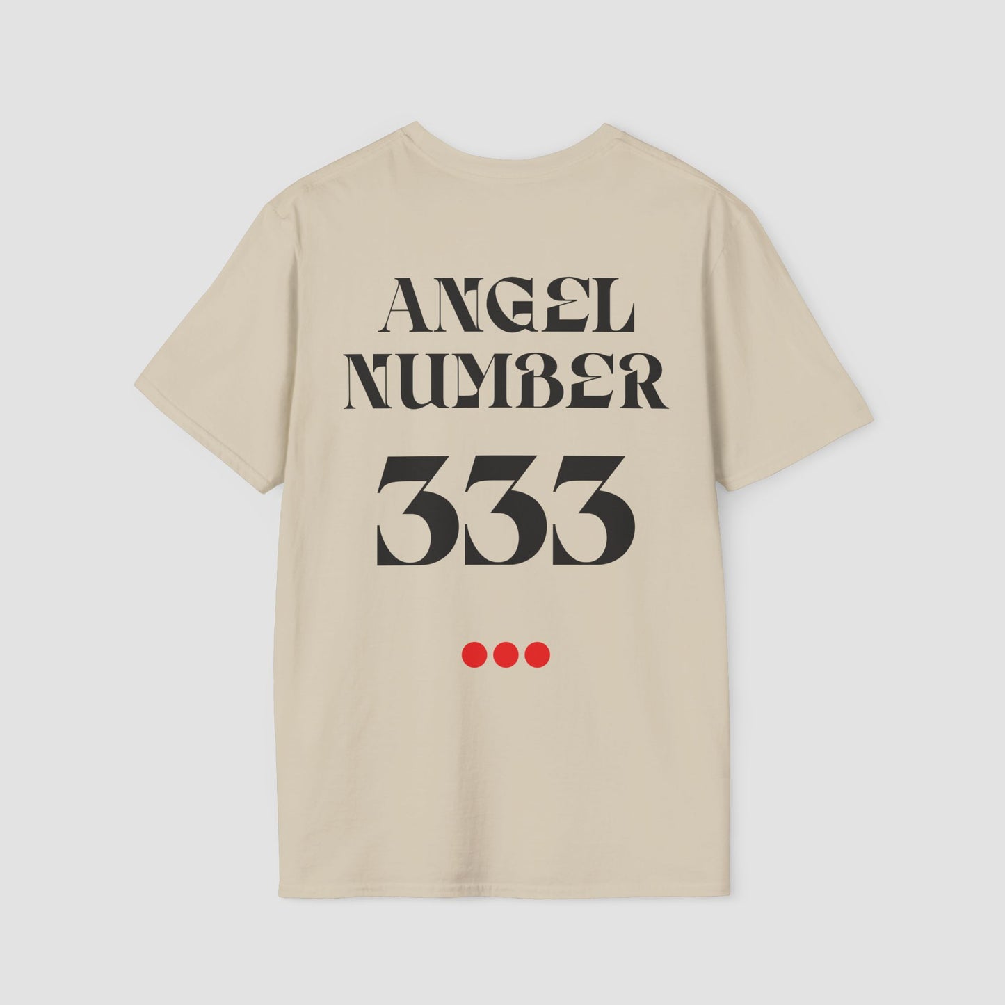 Beige t-shirt with 'ANGEL NUMBER 333' text on the back against a light gray background