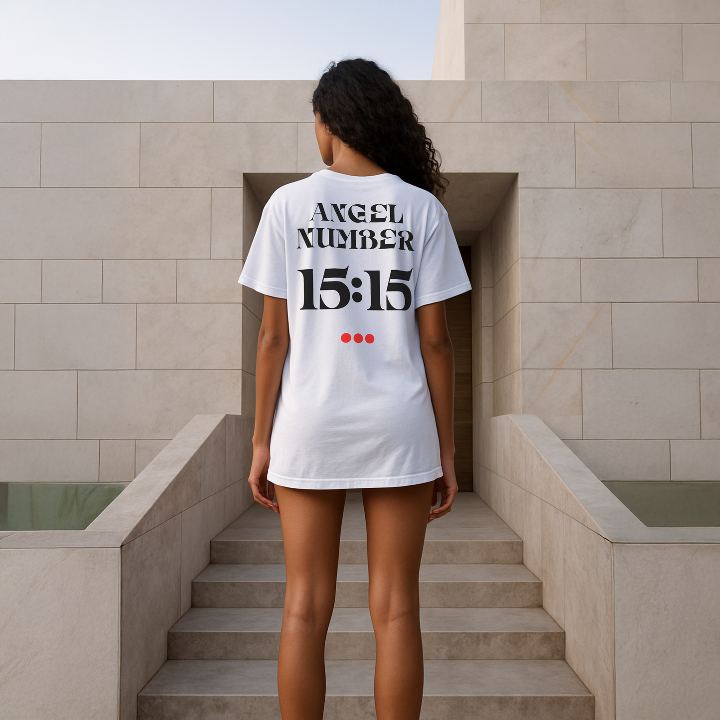 Person wearing a white t-shirt with 'ANGEL NUMBER 15:15' printed on the back, standing on stone steps.