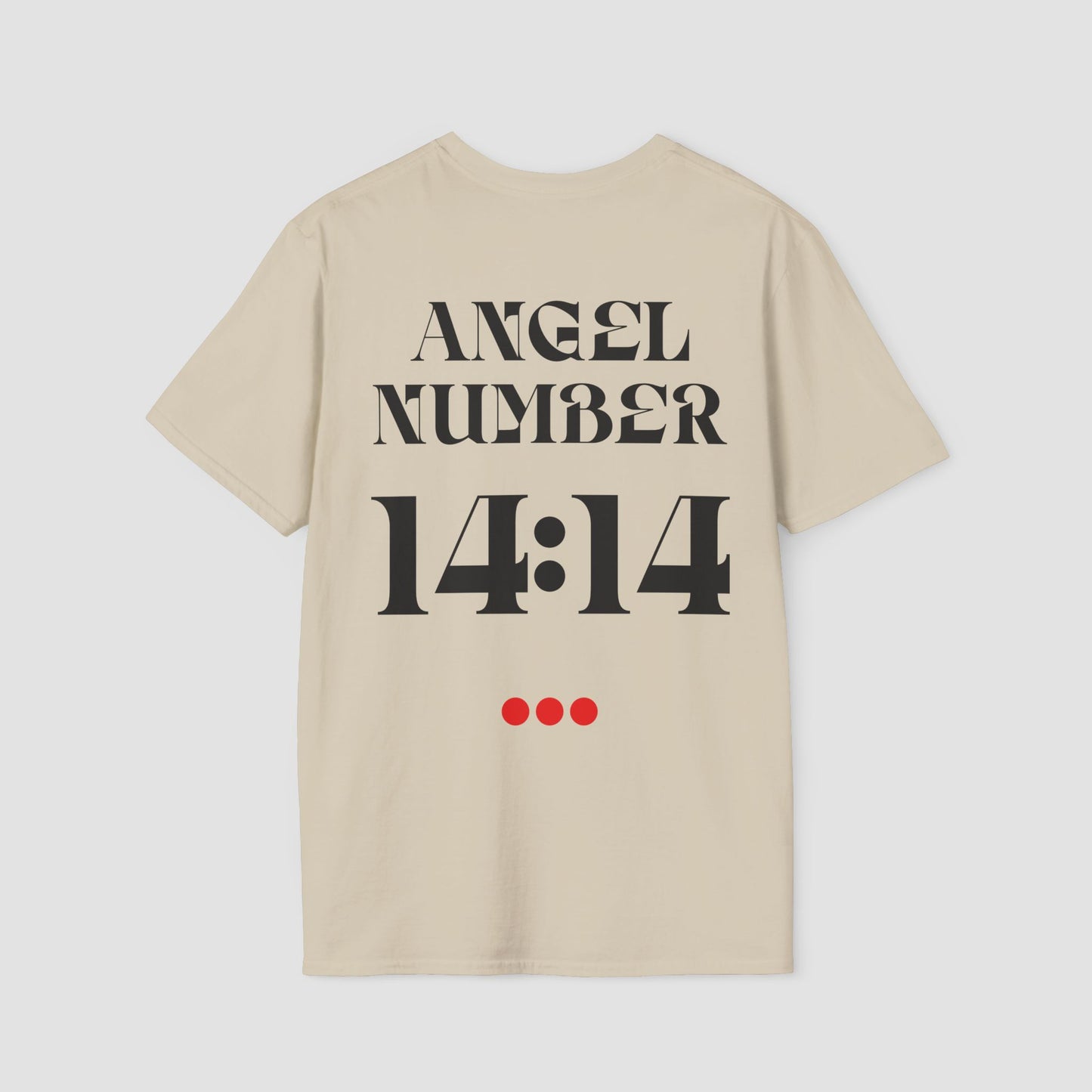 Beige t-shirt with 'ANGEL NUMBER 14:14' printed on the back against a light gray background