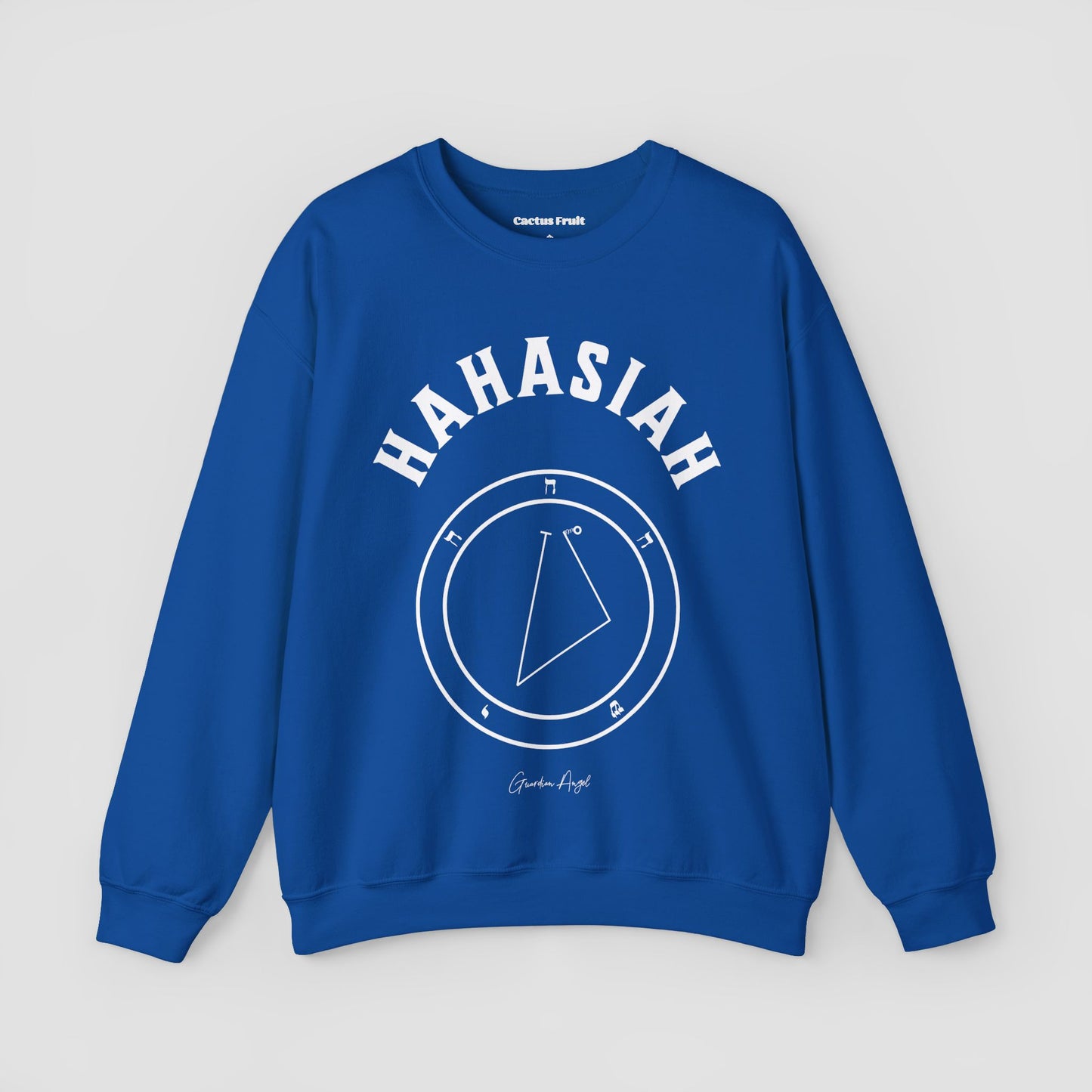 No.51 Shemhamphorasch Guardian Angel "Hahasiah" Sweatshirt in Royal Blue. With the seal of Hahasiah in white print on the front.