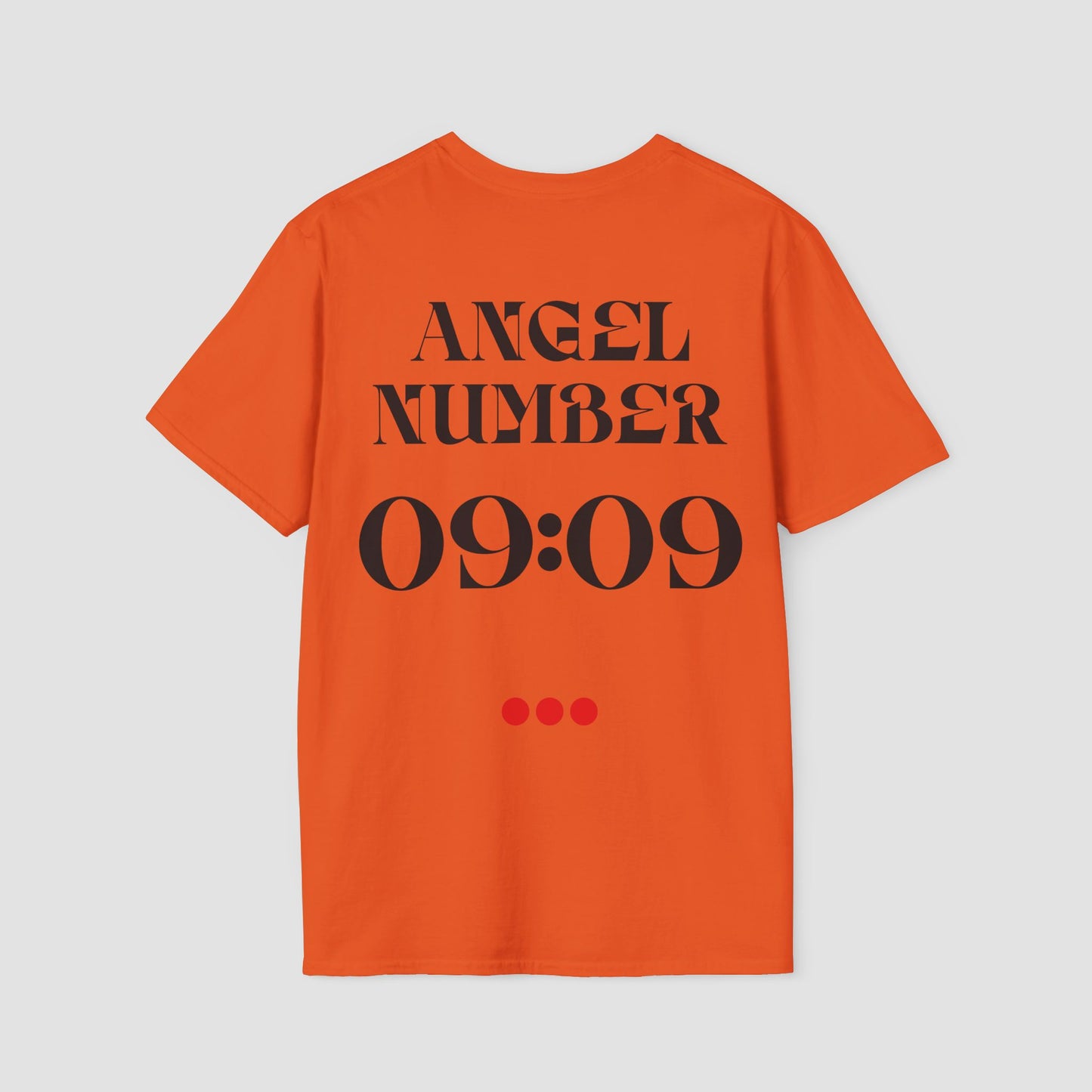 Orange t-shirt with 'ANGEL NUMBER 09:09' text on a light gray background