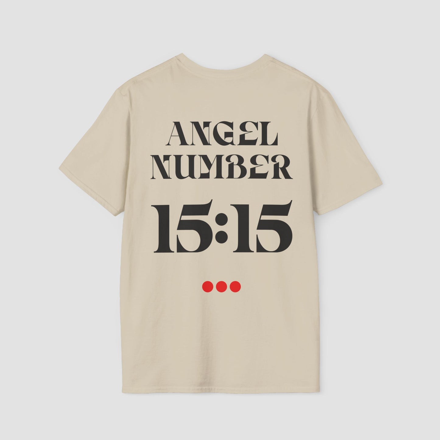 Beige t-shirt with 'ANGEL NUMBER 15:15' printed on the back against a white background