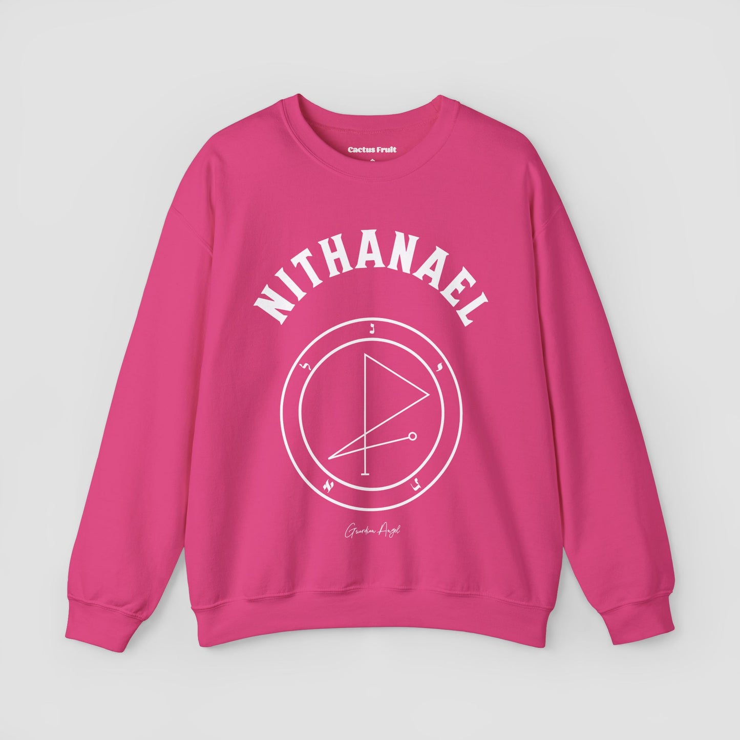 No.54 Shemhamphorasch Guardian Angel "Nithanael" Sweatshirt in Heliconia Pink. With the seal of Nithanael in white print on the front.