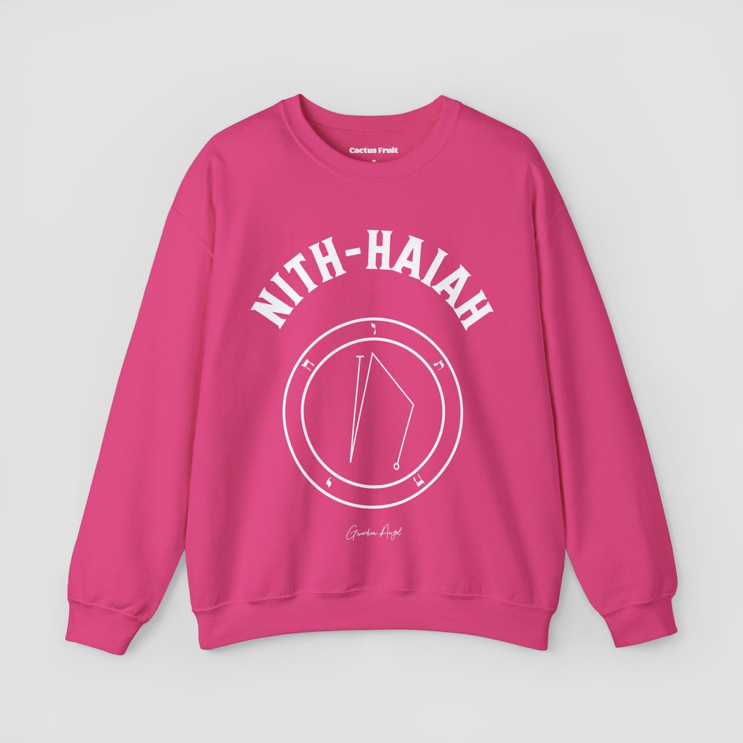 No.25 Shemhamphorasch Guardian Angel "Nith-Haiah" Sweatshirt in Heliconia Pink. With the seal of Nith-Haiah in white print on the front.