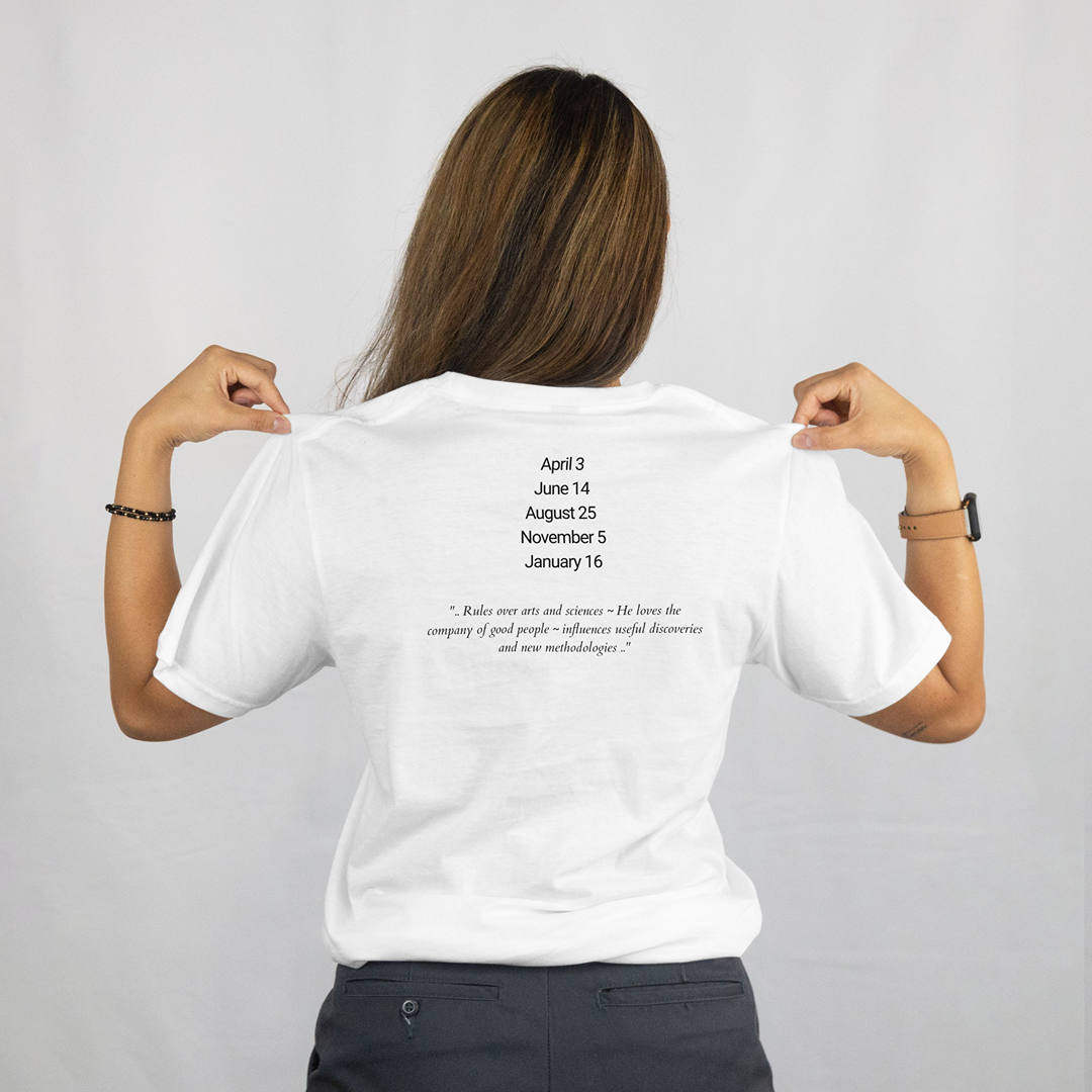 Attributes of No.15_HARIEL Shem Hamephorash Guardian Angel written on the back of a white T-Shirt.