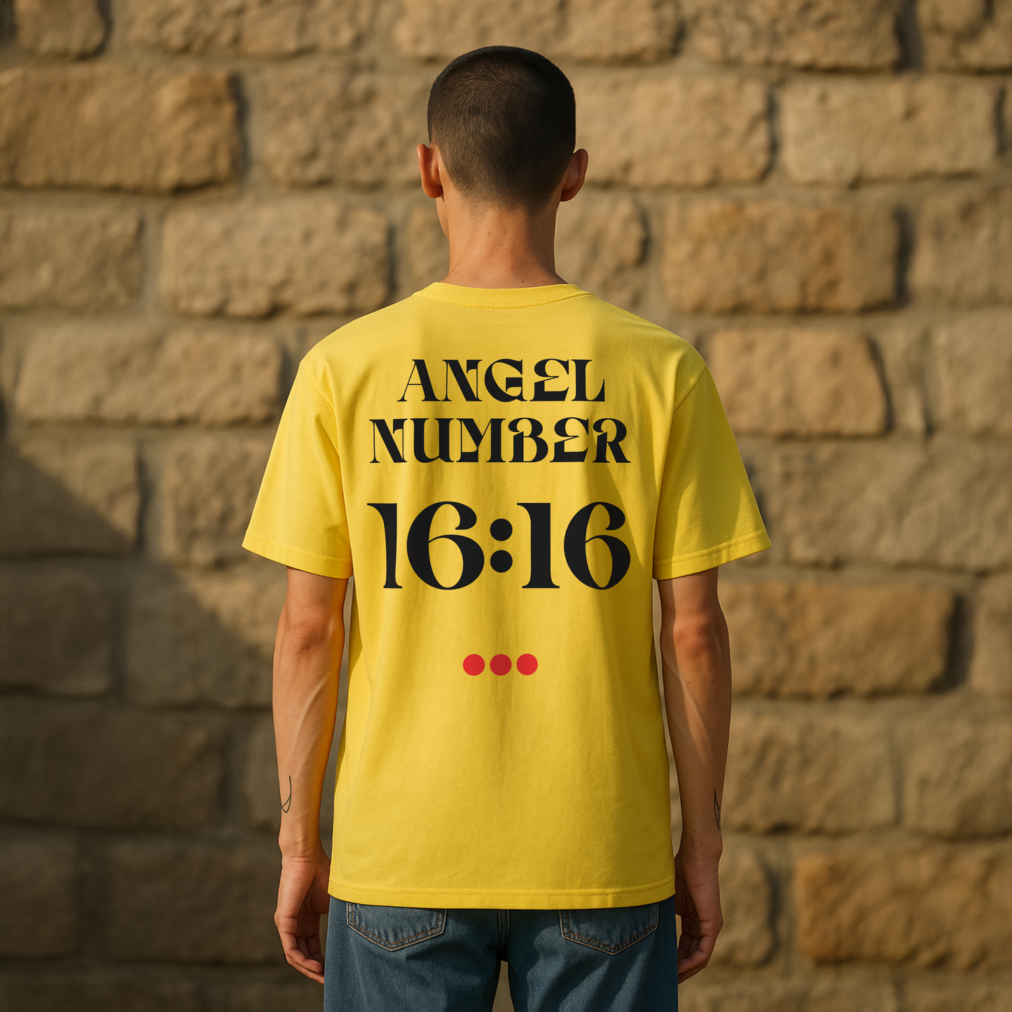 Person wearing a yellow t-shirt with 'ANGEL NUMBER 16:16' text against a stone wall.