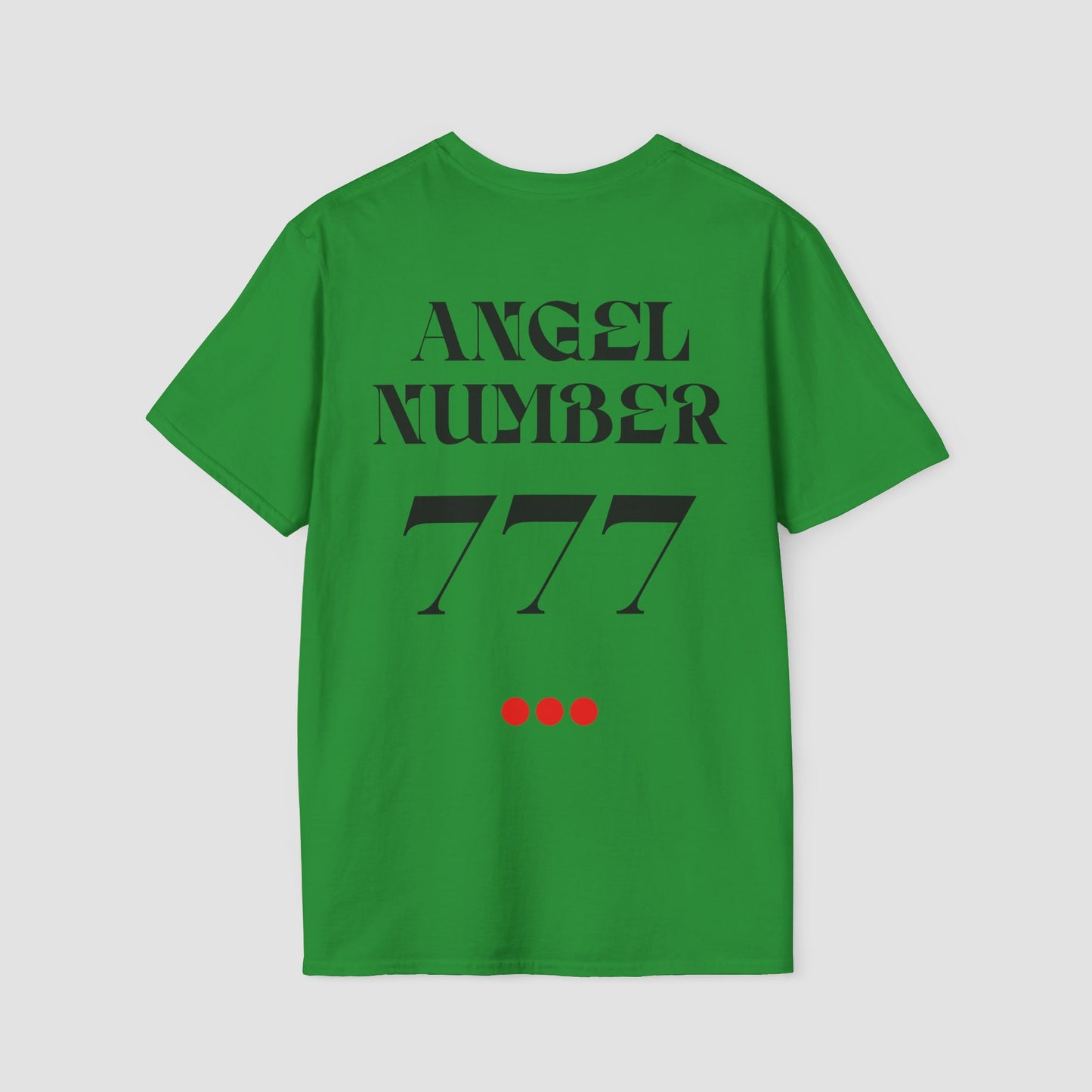 Irish Green coloured Tee with Angel Number 777 depicted on the back in black print and underscored by 3 red dots. A slogan is written across the front saying, "Read the signs" .
