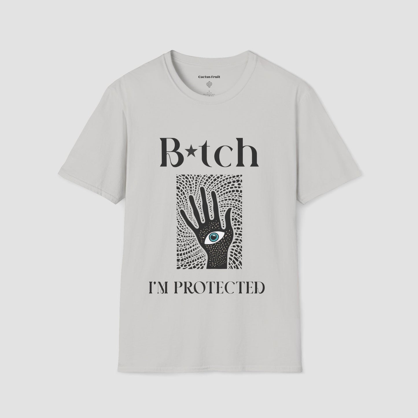 Ice Grey t-shirt featuring the black silhouette of a hand with an evil eye emblem on the palm - surrounded by the slogan, "Bitch I'm Protected"