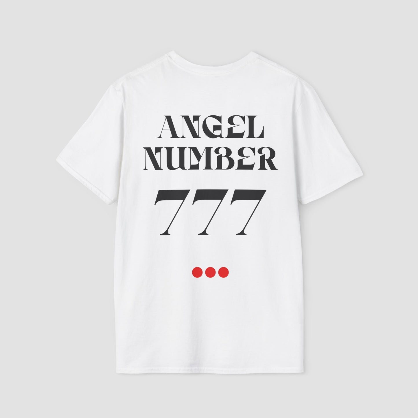 White coloured Tee with Angel Number 777 depicted on the back in black print and underscored by 3 red dots. A slogan is written across the front saying, "Read the signs" .