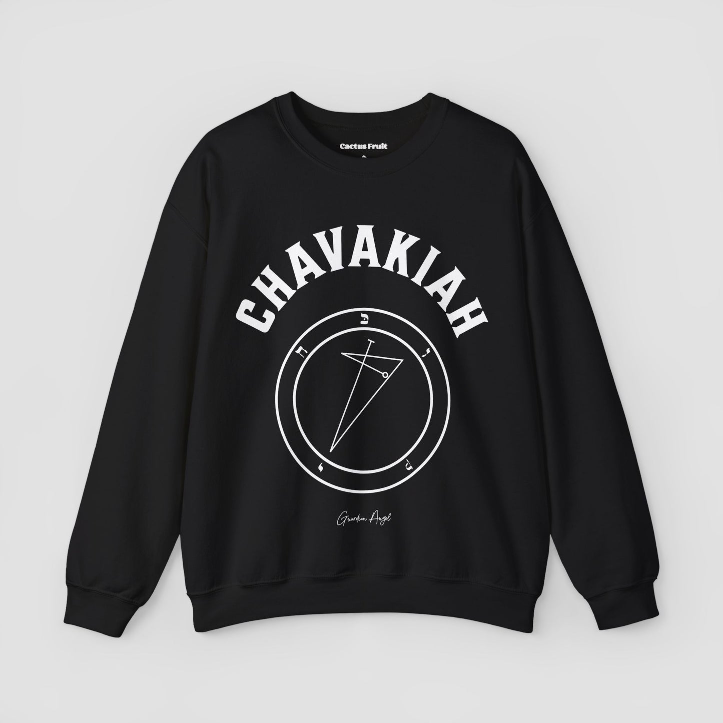 No.35 Shemhamphorasch Guardian Angel "Chavakiah" Sweatshirt in Black. With the seal of Chavakiah in white print on the front.