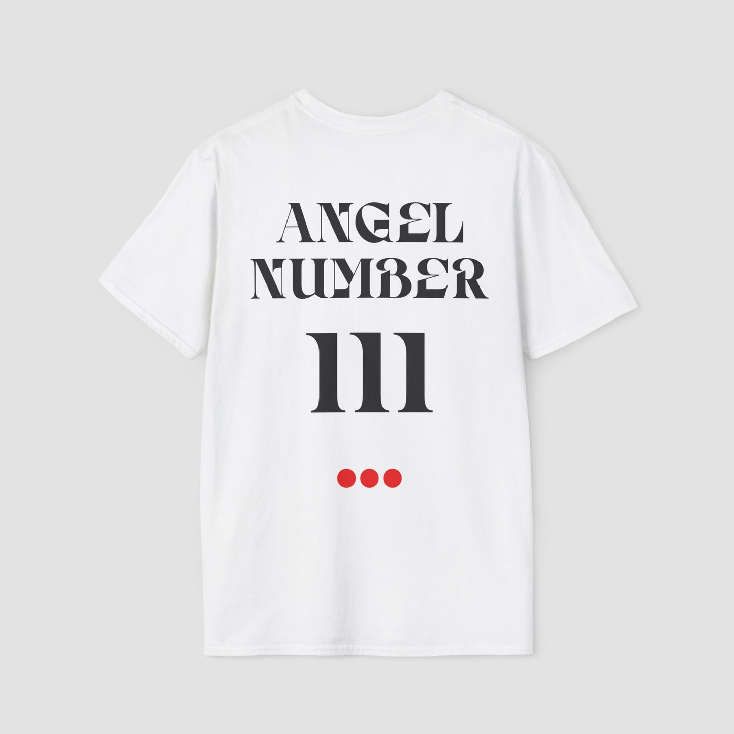 White t-shirt with 'ANGEL NUMBER III' printed on a light gray background