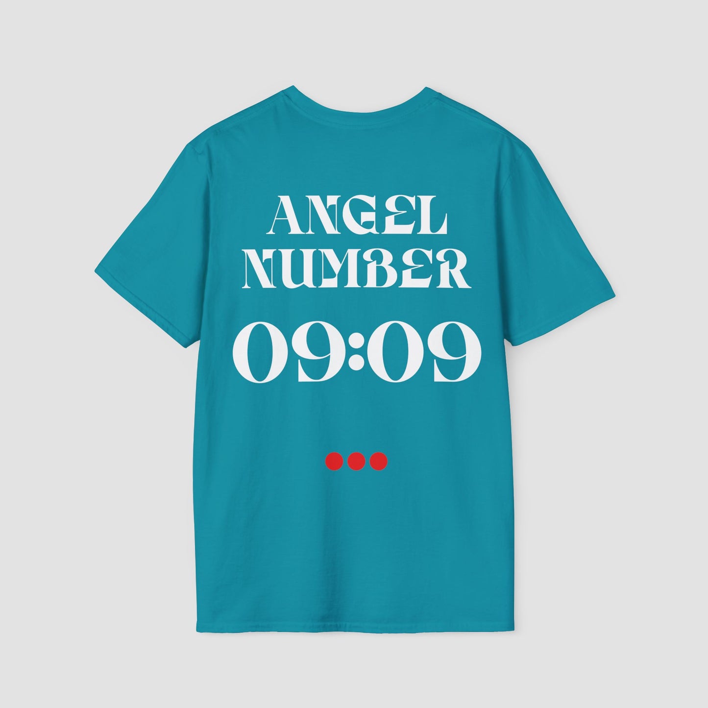 Teal t-shirt with 'ANGEL NUMBER 09:09' printed on the back against a light gray background