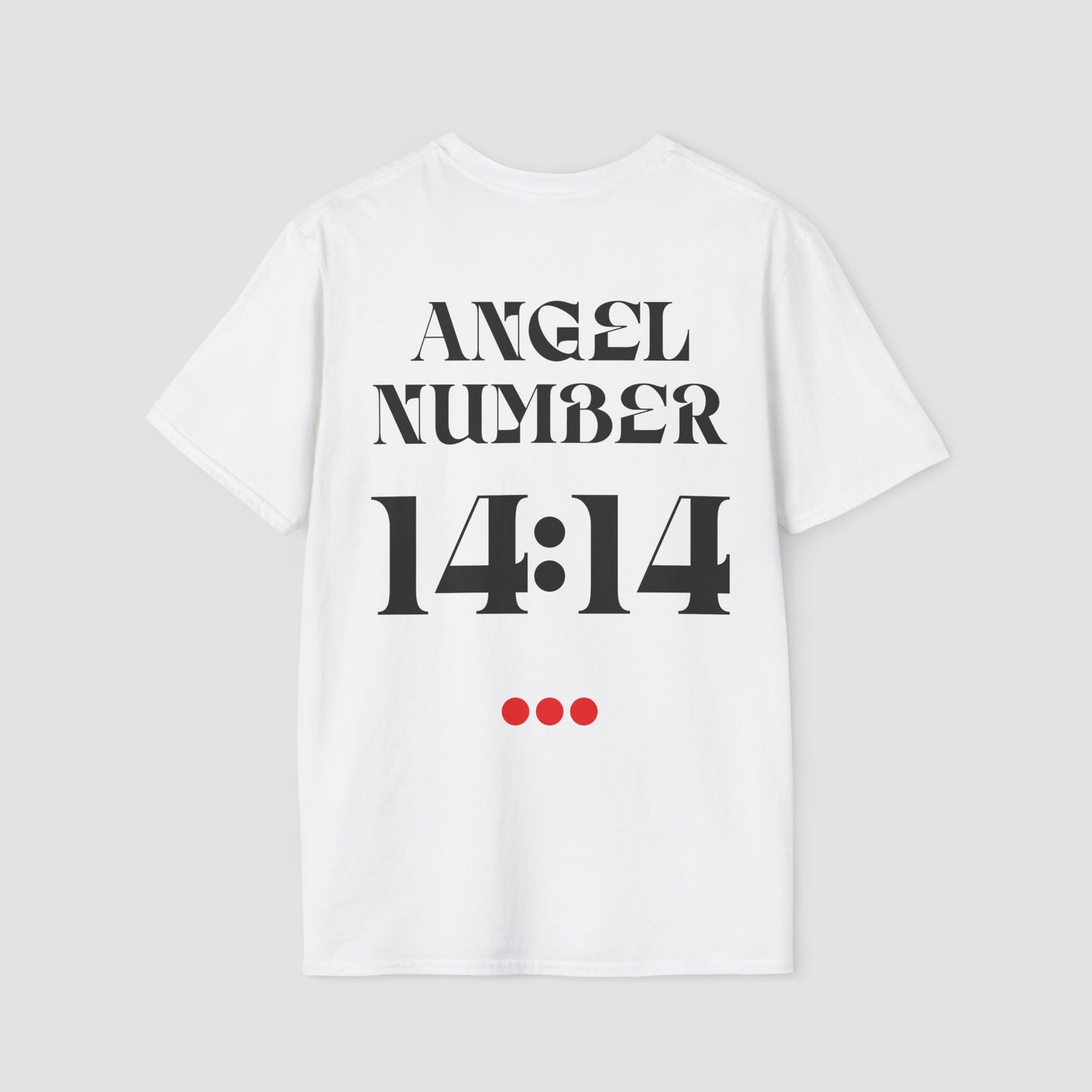 White t-shirt with 'ANGEL NUMBER 14:14' printed on a gray background