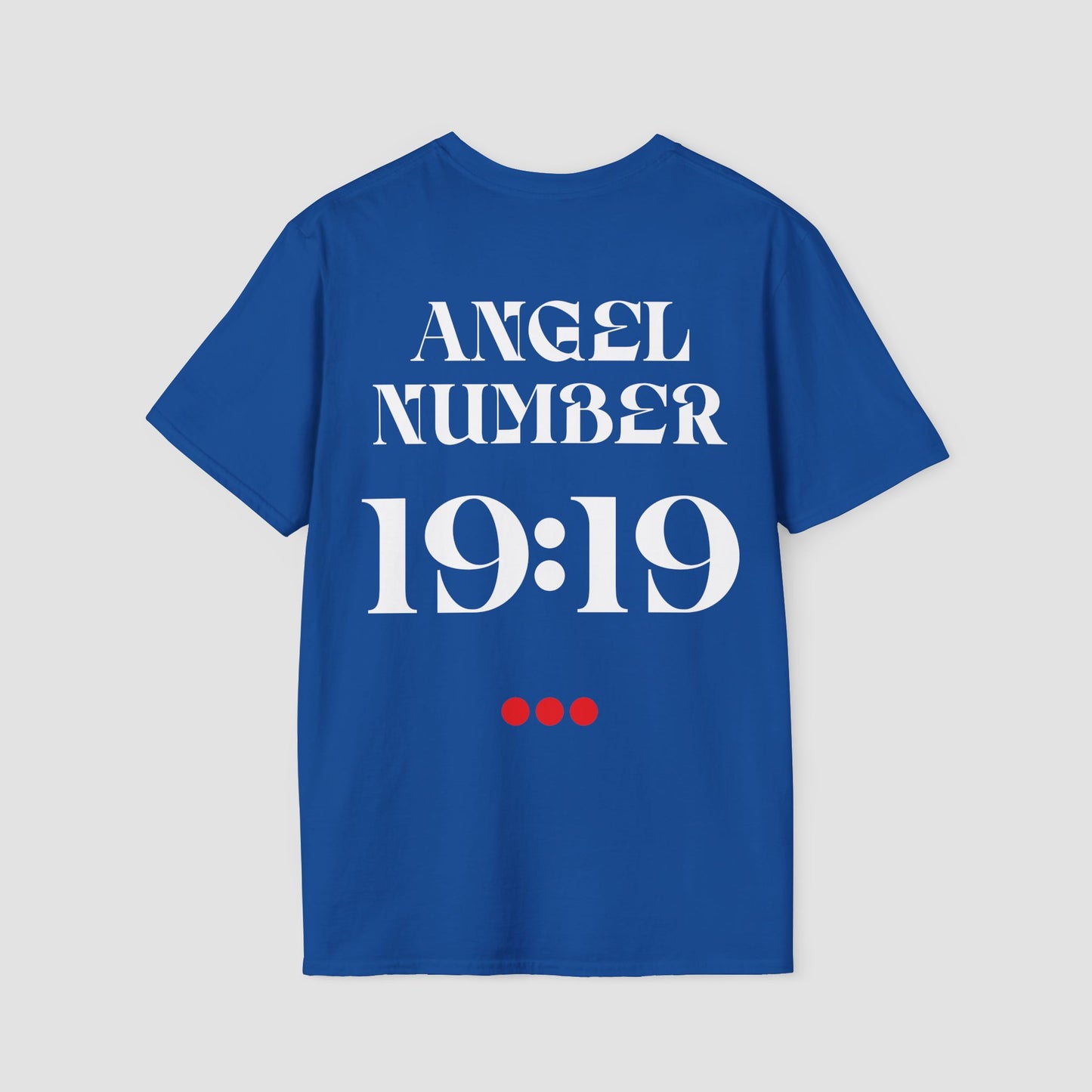 Royal Blue Tee with Angel Number 19:19 depicted on the back in white print and underscored by 3 red dots. A slogan is written across the front saying, "Read the signs" .