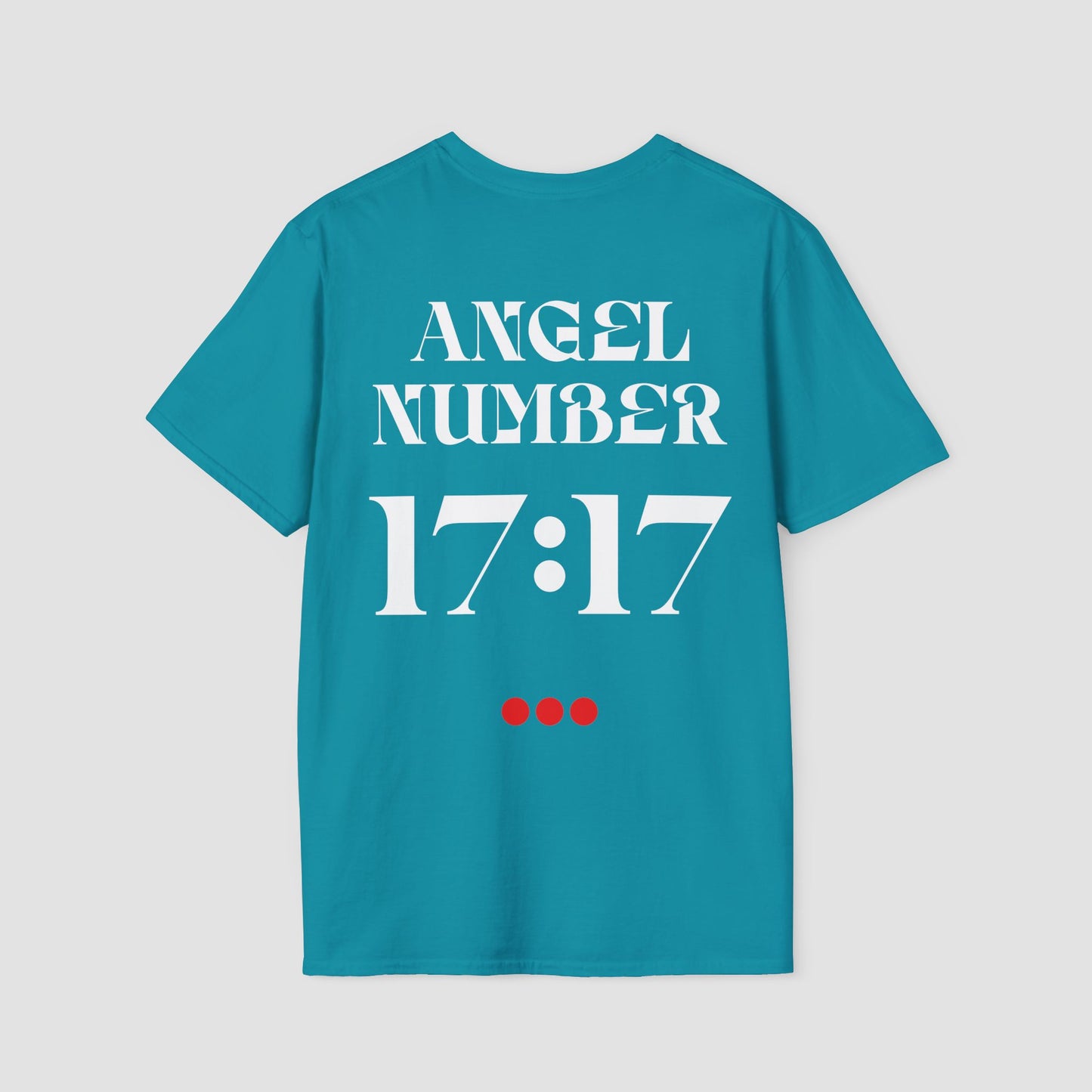 Tropical Blue Tee with Angel Number 17:17 depicted on the back in white print and underscored by 3 red dots. A slogan is written across the front saying, "Read the signs" .