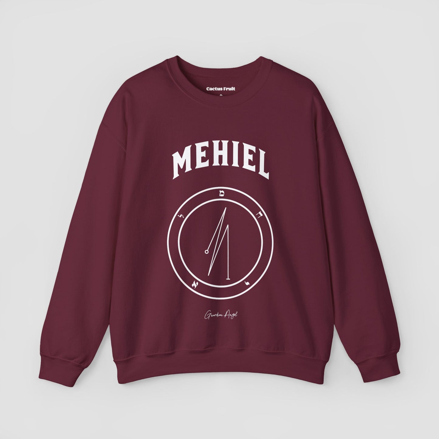 No.64 Shemhamphorasch Guardian Angel "Mehiel" Sweatshirt in Maroon. With the seal of Mehiel in white print on the front.