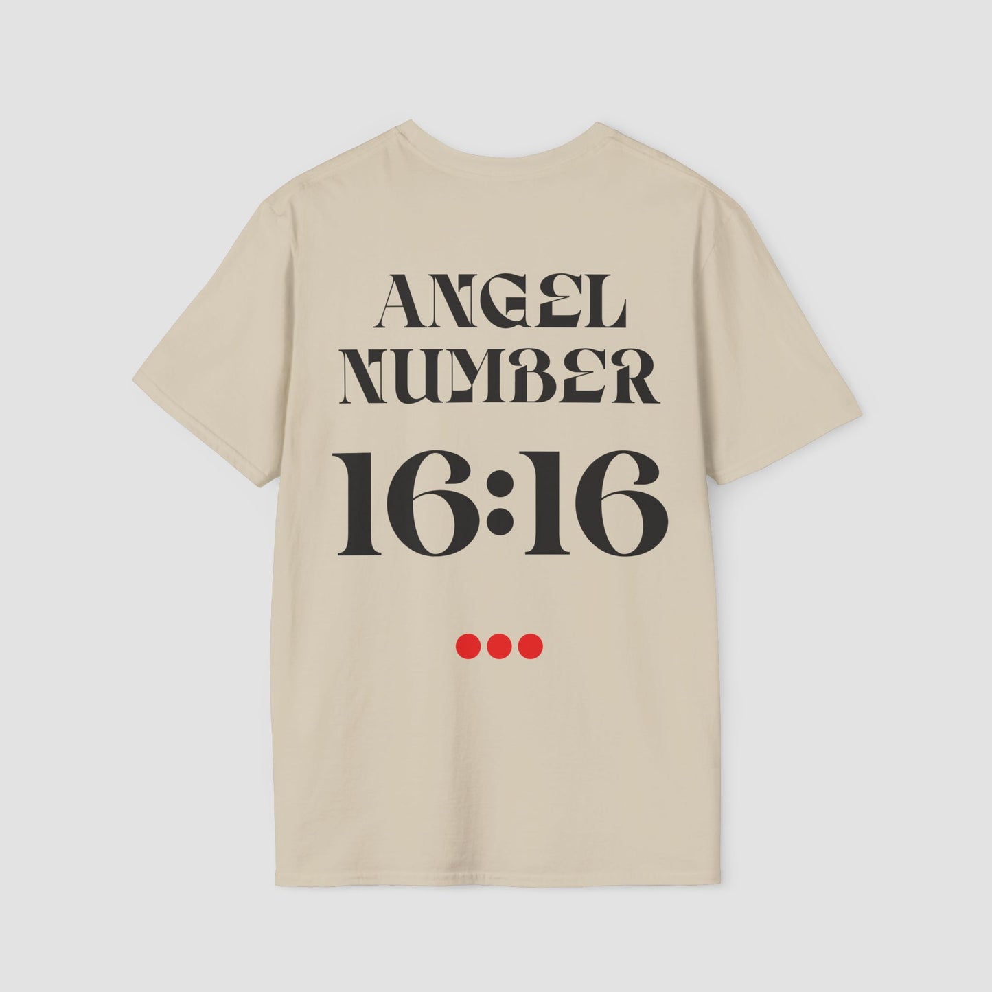 Beige t-shirt with 'ANGEL NUMBER 16:16' printed on the back against a light gray background