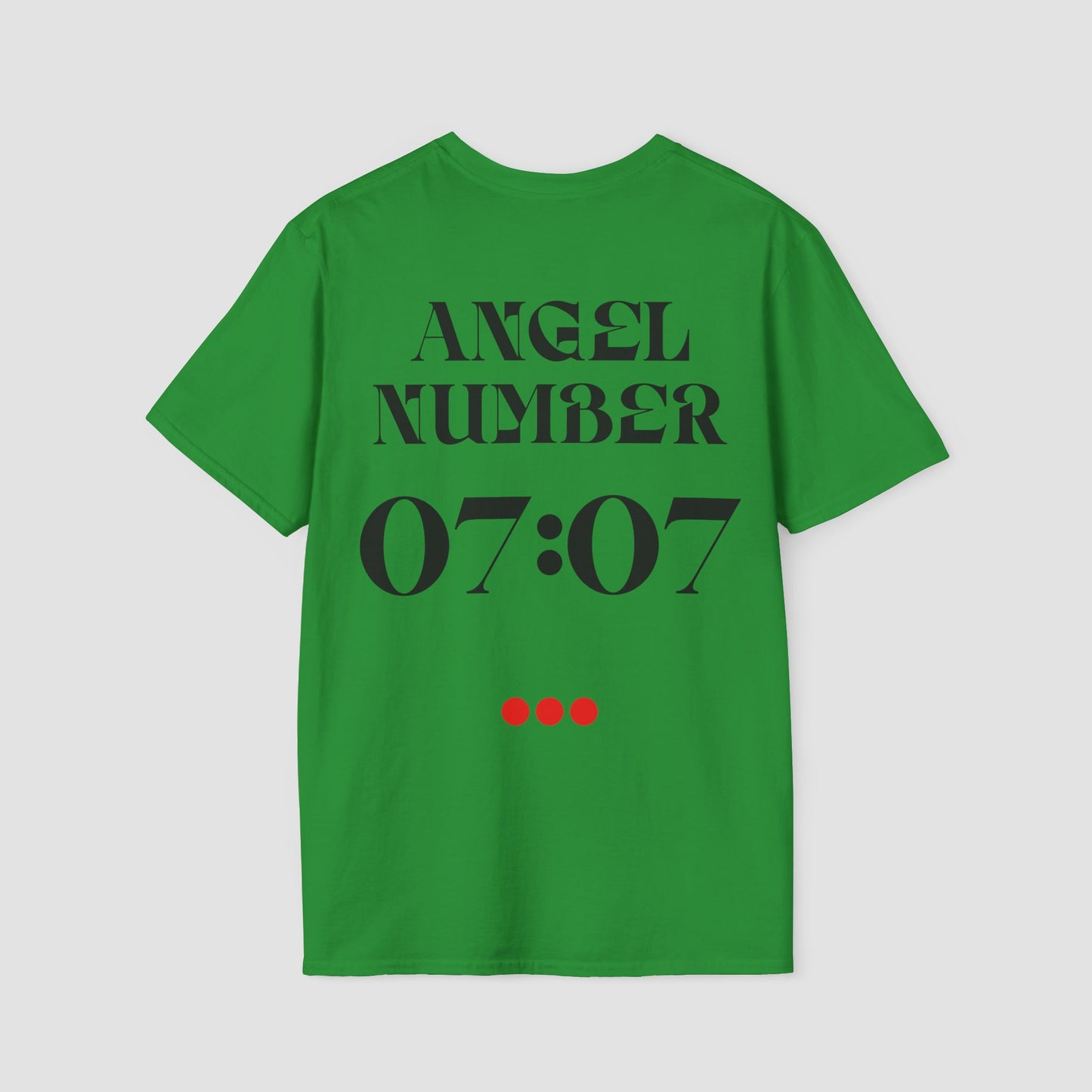Green t-shirt with 'ANGEL NUMBER 07:07' printed on the back against a light gray background