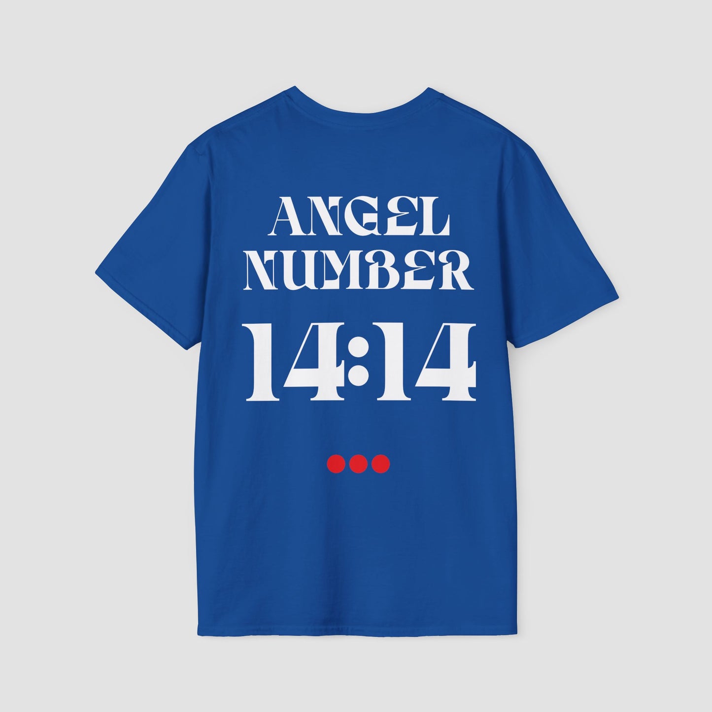 Blue t-shirt with 'ANGEL NUMBER 14:14' printed on the back against a light gray background