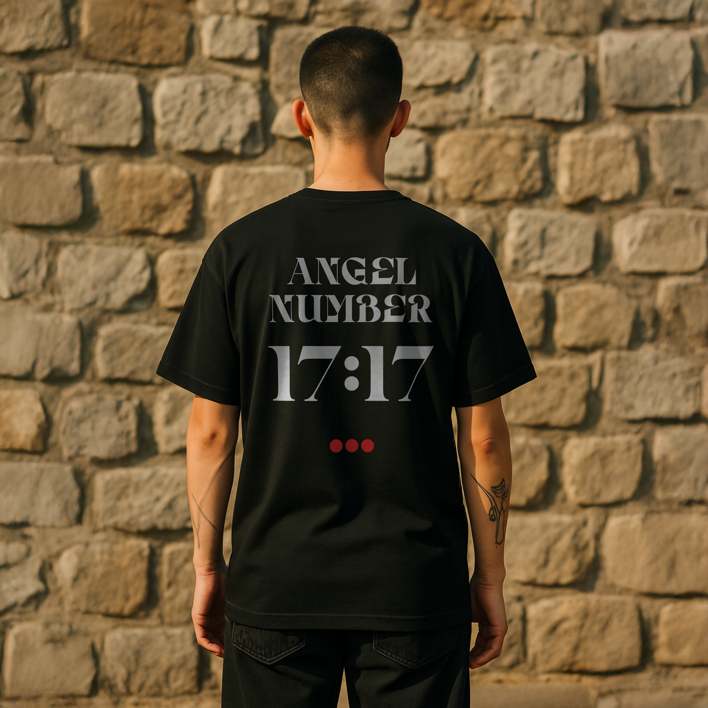 Model wearing a Black Tee with Angel Number 17:17 depicted on the back in white print and underscored by 3 red dots. A slogan is written across the front saying, "Read the signs" .