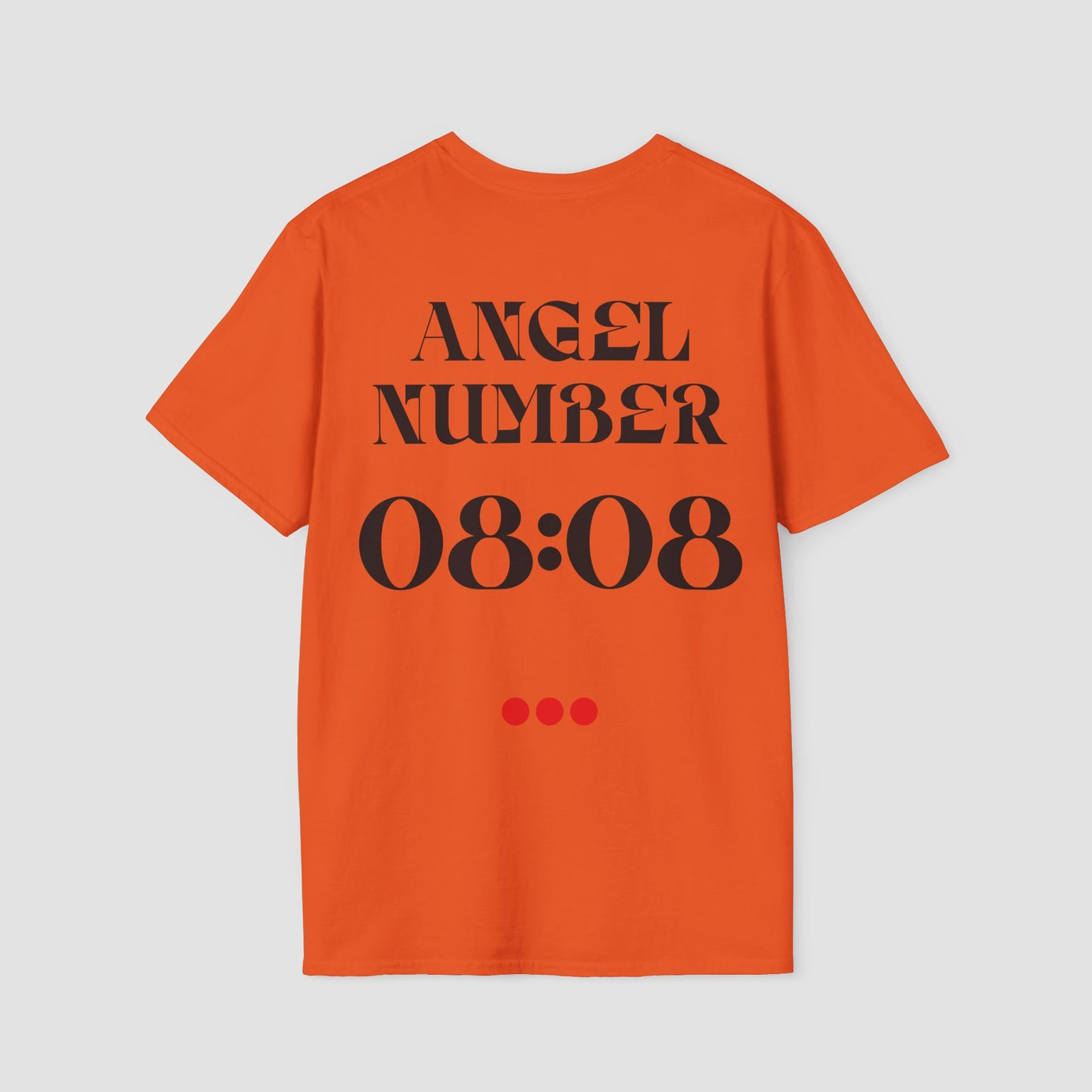 Orange t-shirt with 'ANGEL NUMBER 08:08' printed on the back against a light gray background