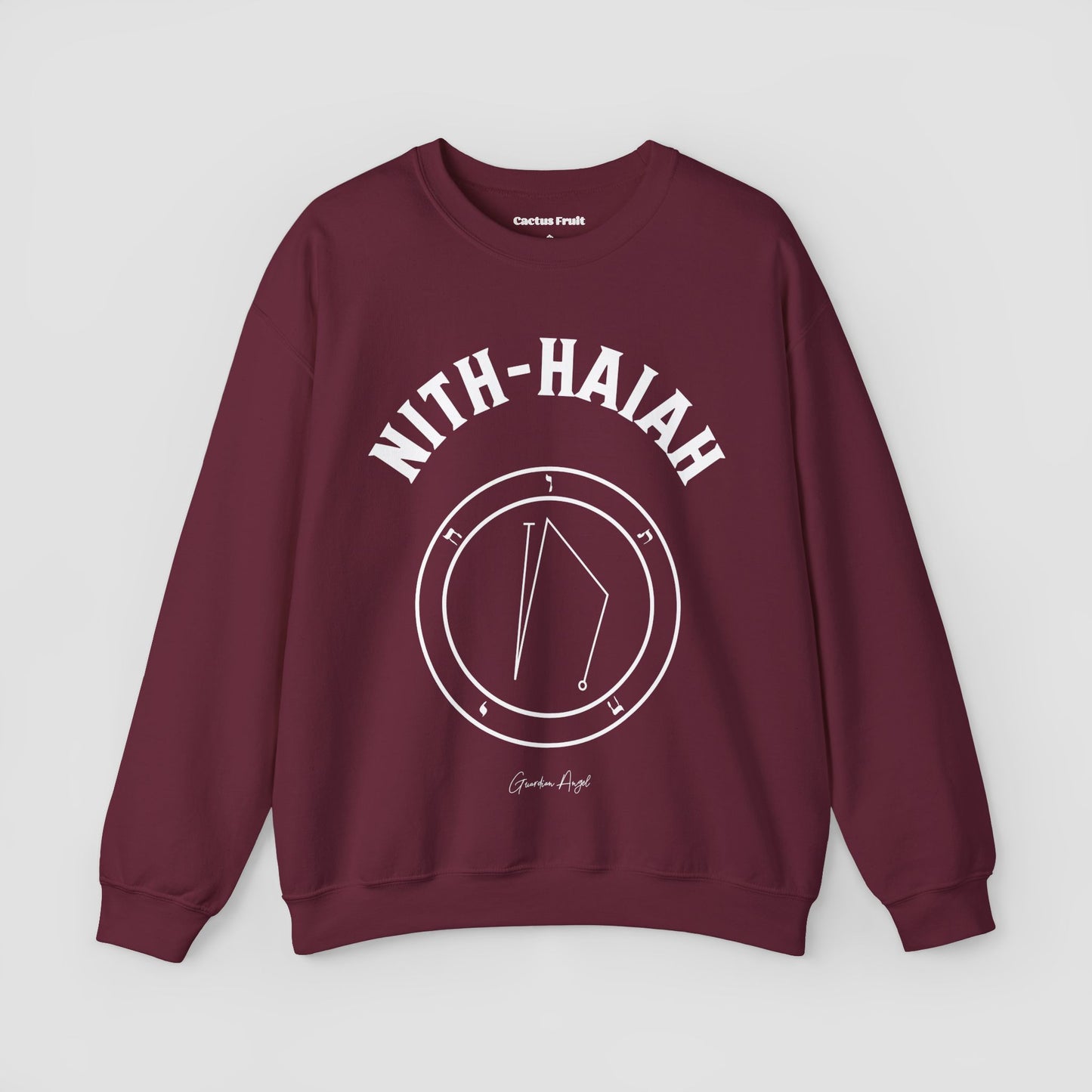 No.25 Shemhamphorasch Guardian Angel "Nith-Haiah" Sweatshirt in Maroon. With the seal of Nith-Haiah in white print on the front.