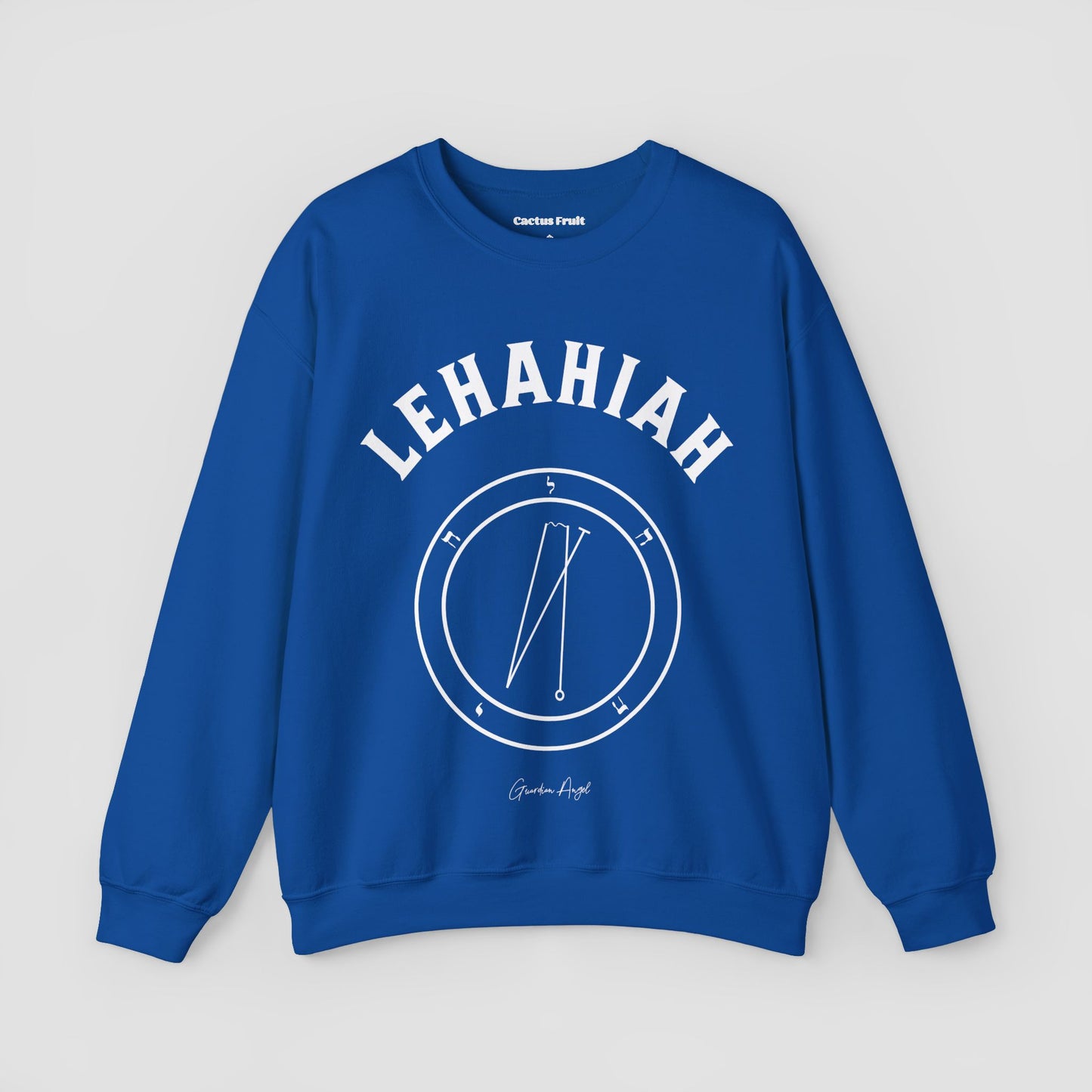 No.34 Shemhamphorasch Guardian Angel "Lehahiah" Sweatshirt in Royal Blue. With the seal of Lehahiah in white print on the front.