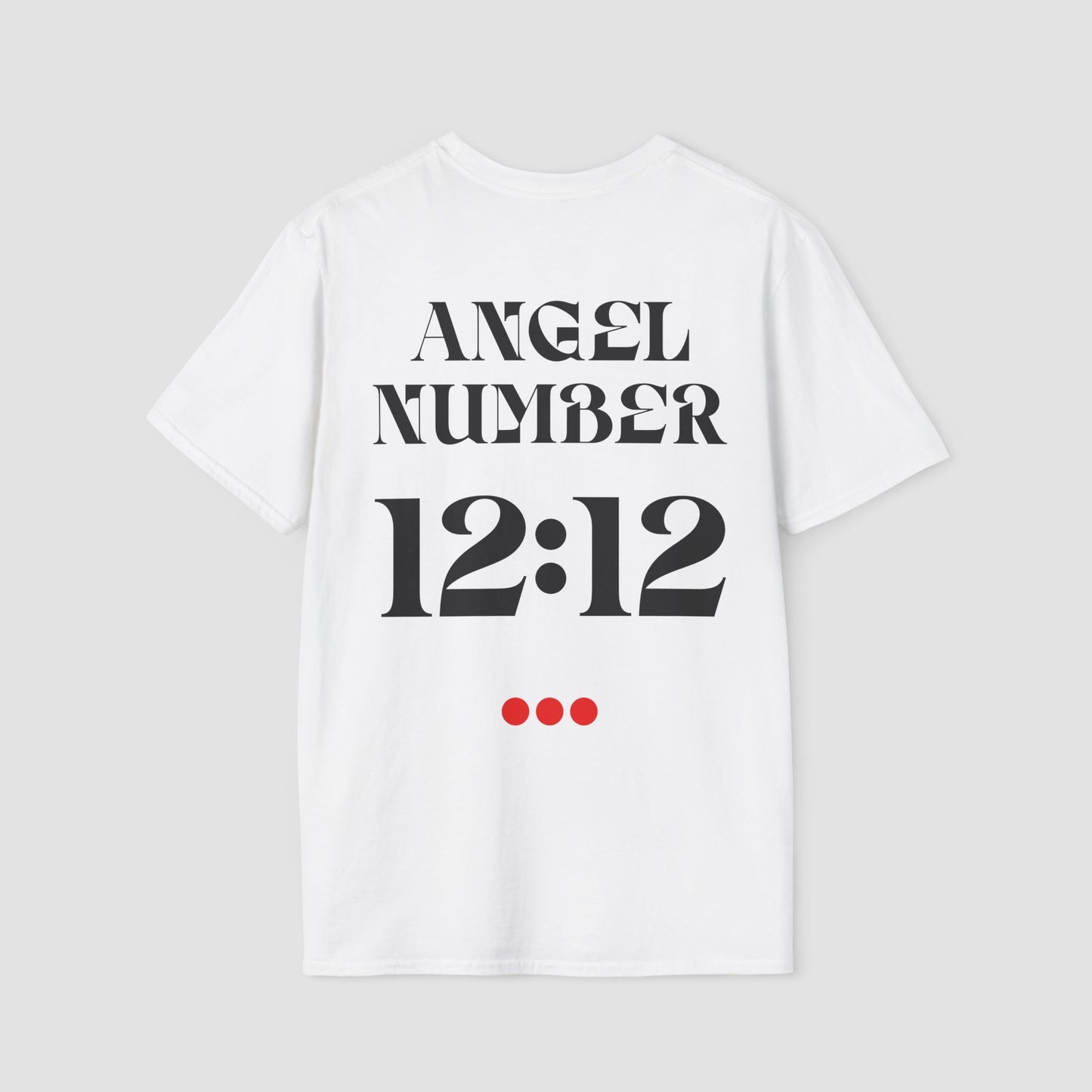 White t-shirt with 'ANGEL NUMBER 12:12' text on a gray background