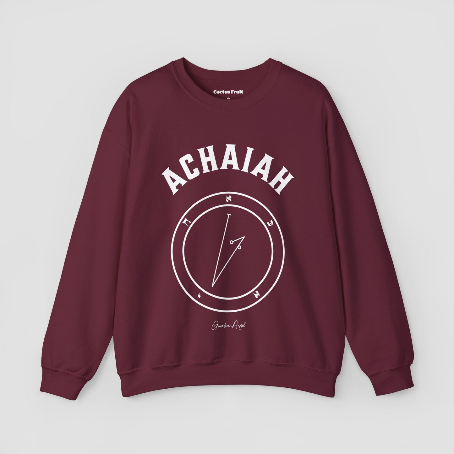 No.7 Shemhamphorasch Guardian Angel "Achaiah" Sweatshirt in Maroon. With the seal of Achaiah in white print on the front.
