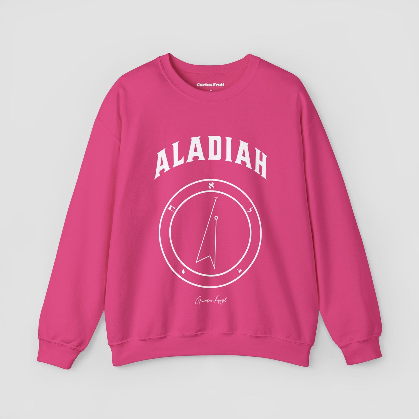 No.10 Shemhamphorasch Guardian Angel "Aladiah" Sweatshirt in Heliconia Pink. With the seal of Aladiah in white print on the front.