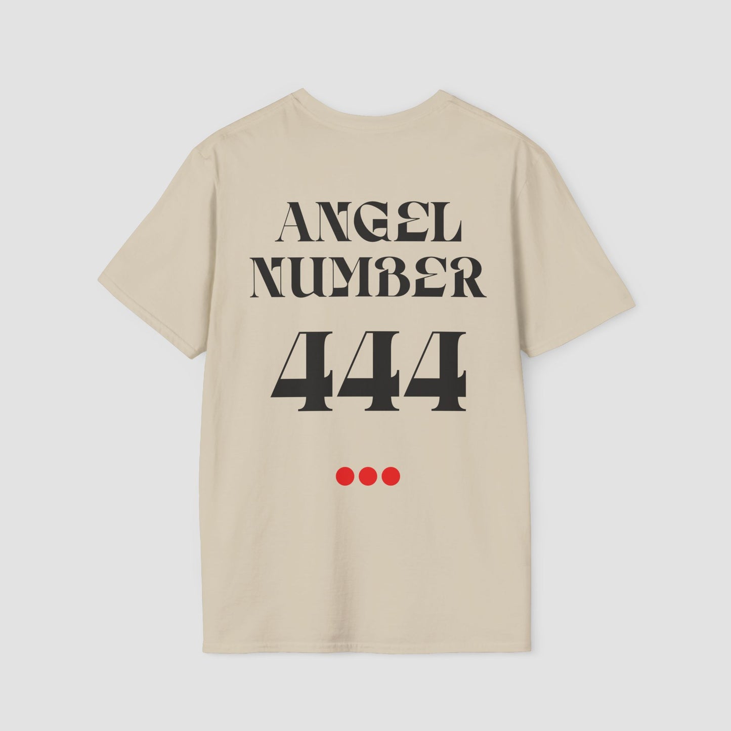 Beige t-shirt with 'ANGEL NUMBER 444' text on the back against a light gray background