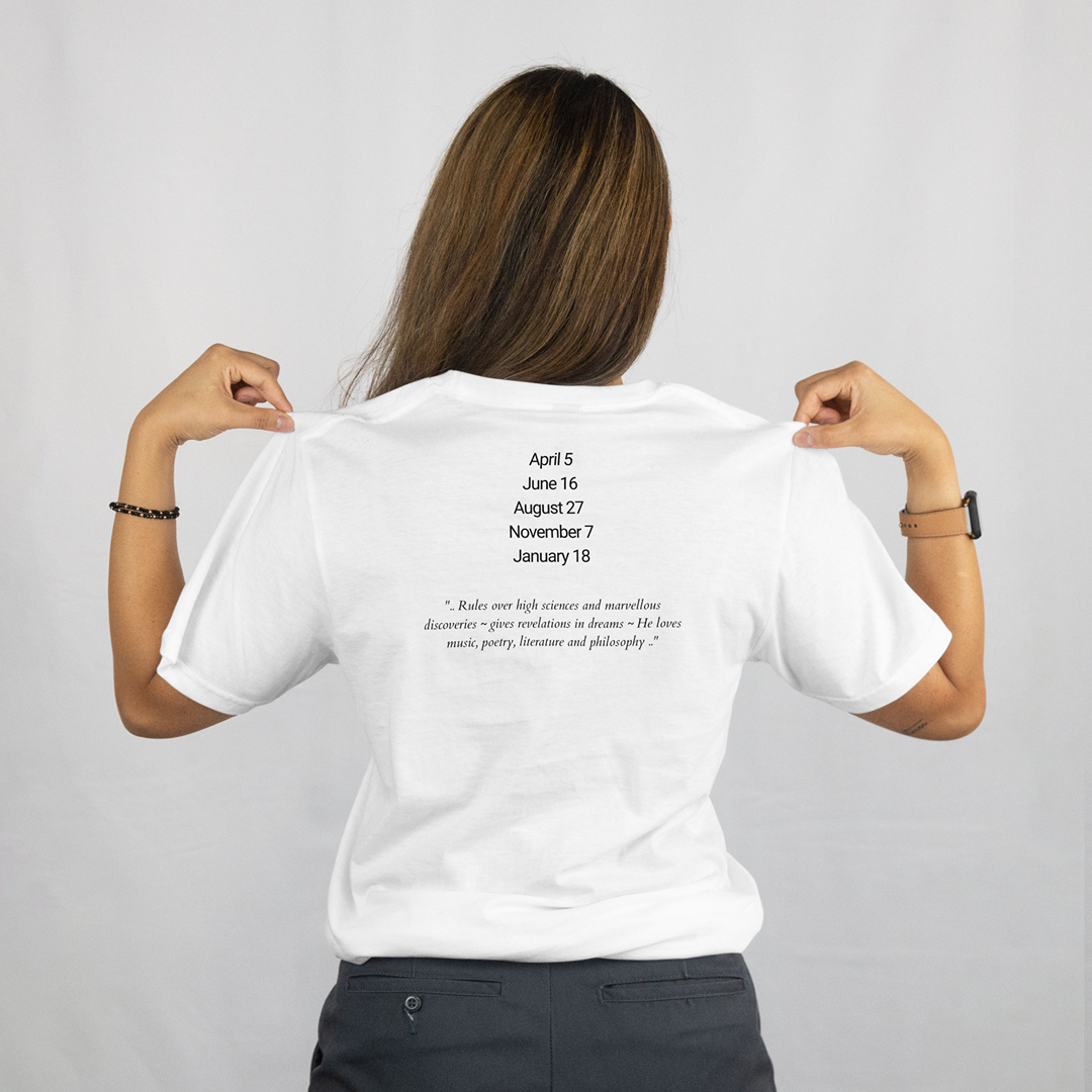 Attributes of No.17 Lauviah Shem Hamephorash Guardian Angel written on the back of a white T-Shirt.