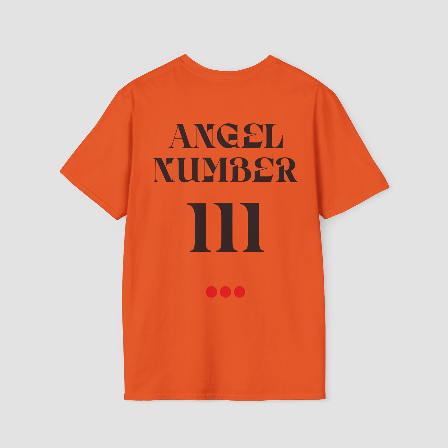 Orange t-shirt with 'ANGEL NUMBER III' printed on the back against a light gray background