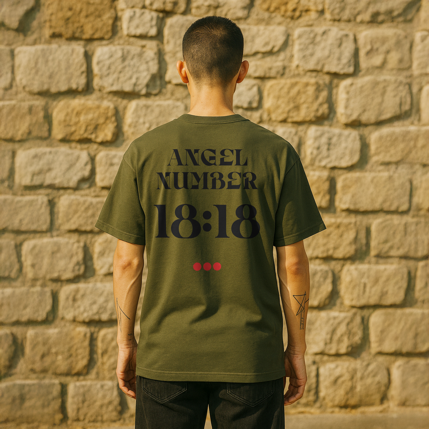 Model wearing Military Green Tee with Angel Number 18:18 depicted on the back in black print and underscored by 3 red dots. A slogan is written across the front saying, "Read the signs" .