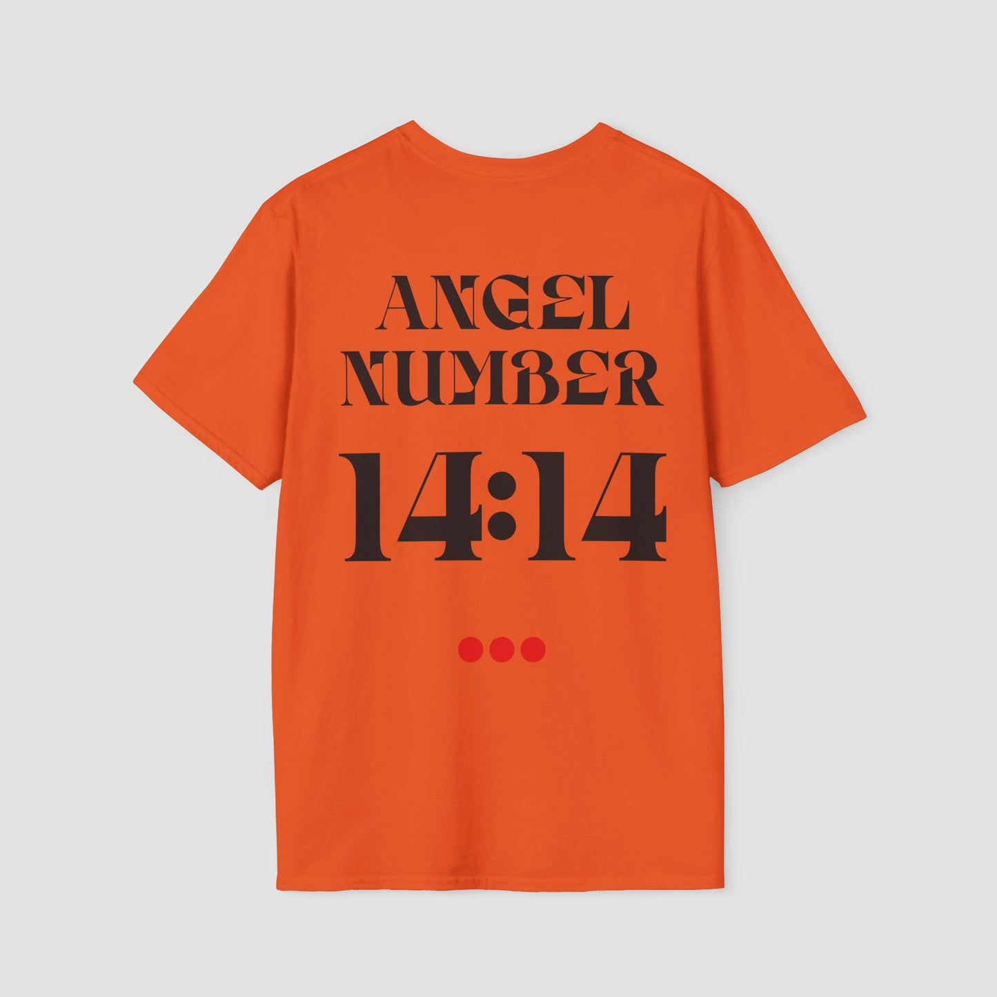 Orange t-shirt with 'ANGEL NUMBER 14:14' printed on the back against a light gray background