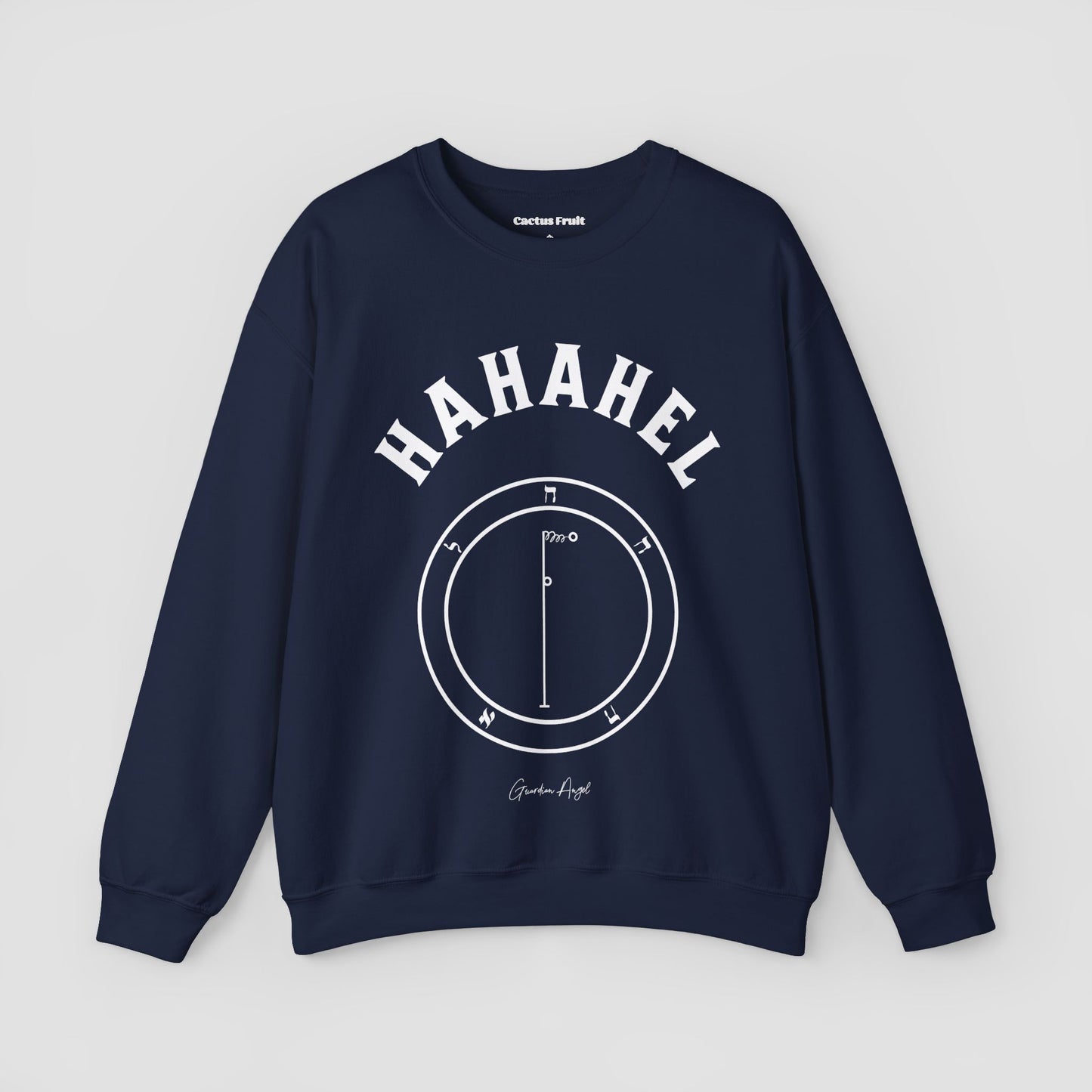 No.41 Shemhamphorasch Guardian Angel "Hahahel" Sweatshirt in Navy Blue. With the seal of Hahahel in white print on the front.