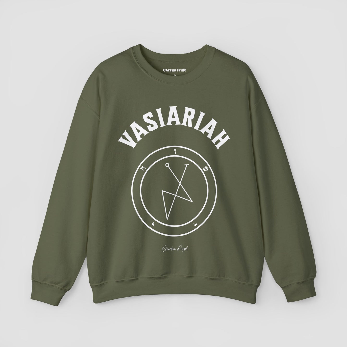 No.32 Shemhamphorasch Guardian Angel "Vasiariah" Sweatshirt in Military Green. With the seal of Vasiariah in white print on the front.