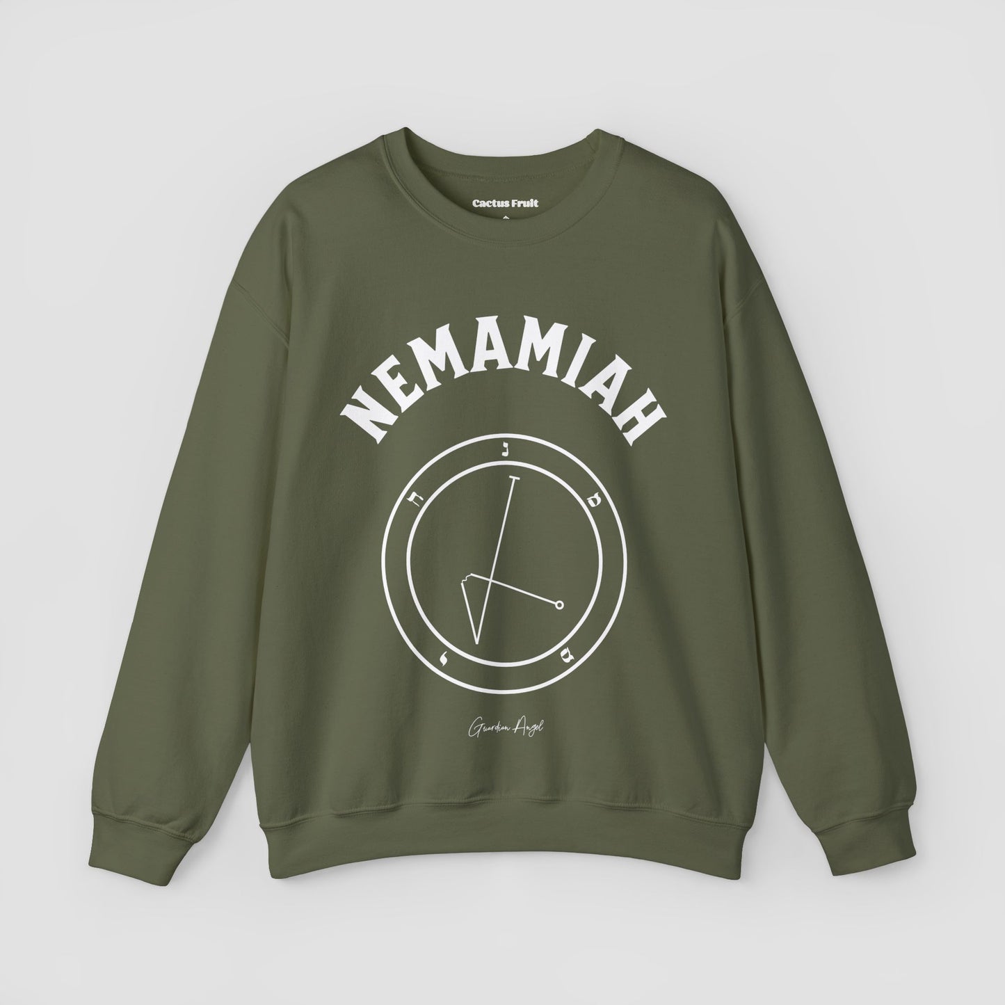 No.57 Shemhamphorasch Guardian Angel "Nemamiah" Sweatshirt in Military Green. With the seal of Nemamiah in white print on the front.
