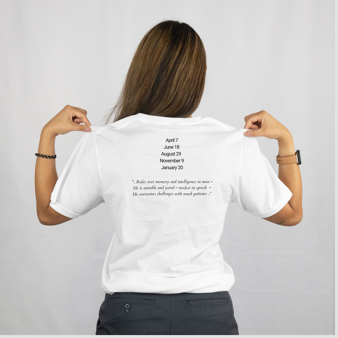 Attributes of No.19 LEUVIAH Shem Hamephorash Guardian Angel written on the back of a white T-Shirt.