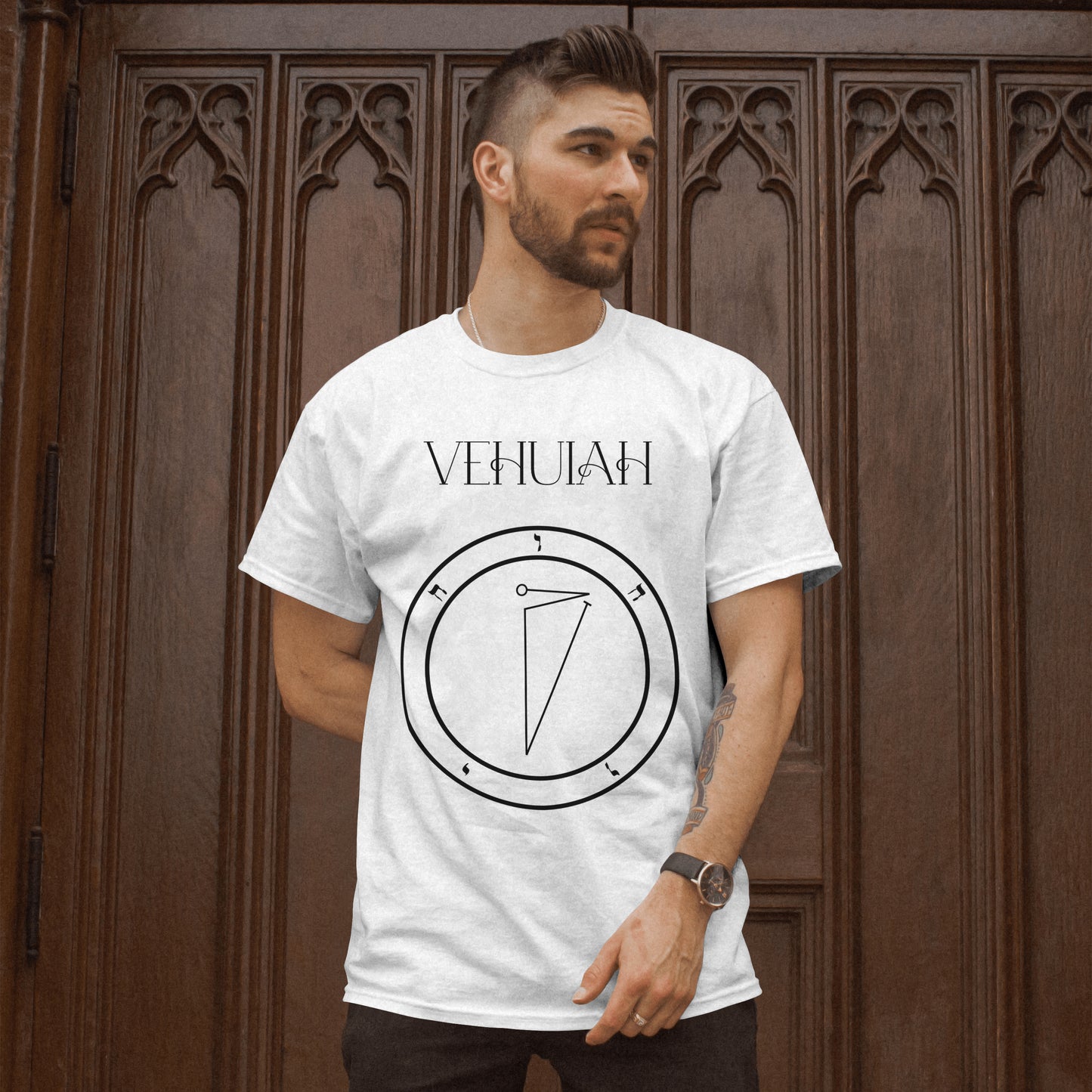 Model wearing a No.1 Vehuiah Shem Hamephorash Guardian Angel T-Shirt in White with symbol of Vehuiah on front.