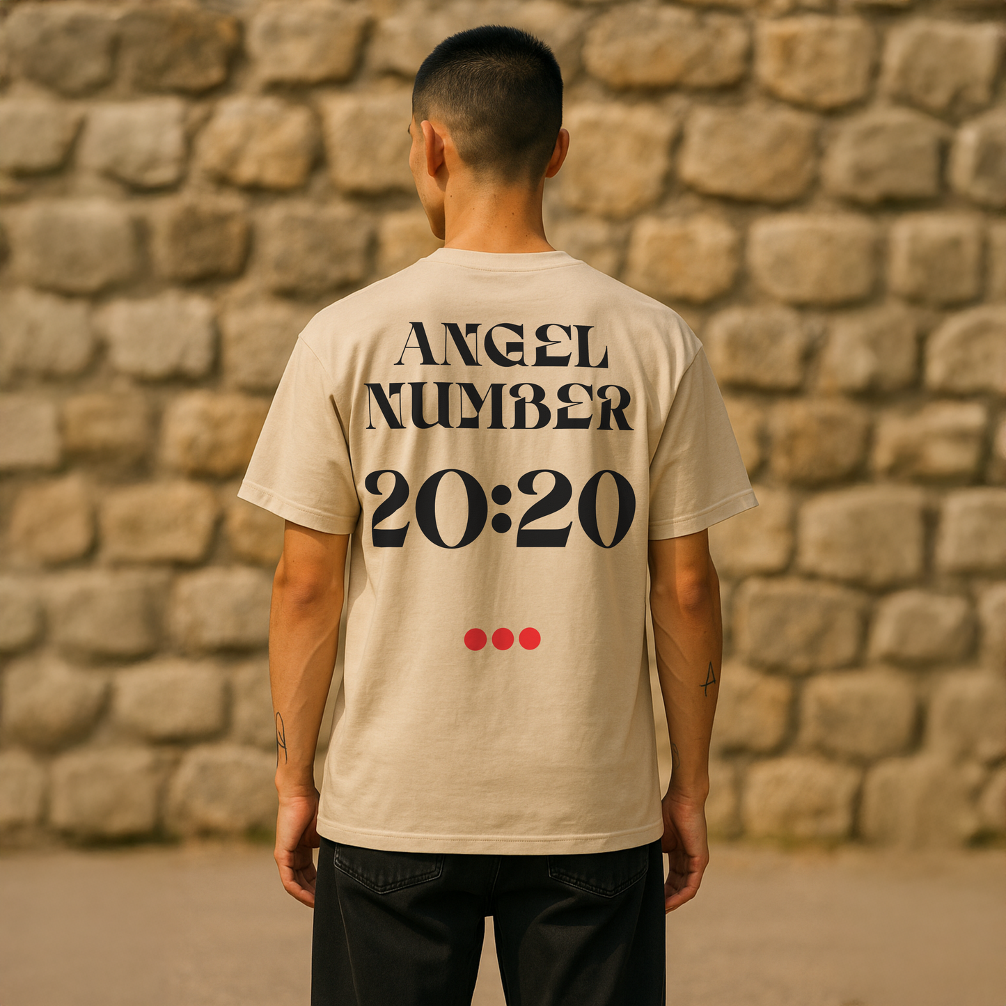 Model wearing a Sand coloured Tee with Angel Number 20:20 depicted on the back in black print and underscored by 3 red dots. A slogan is written across the front saying, "Read the signs" .