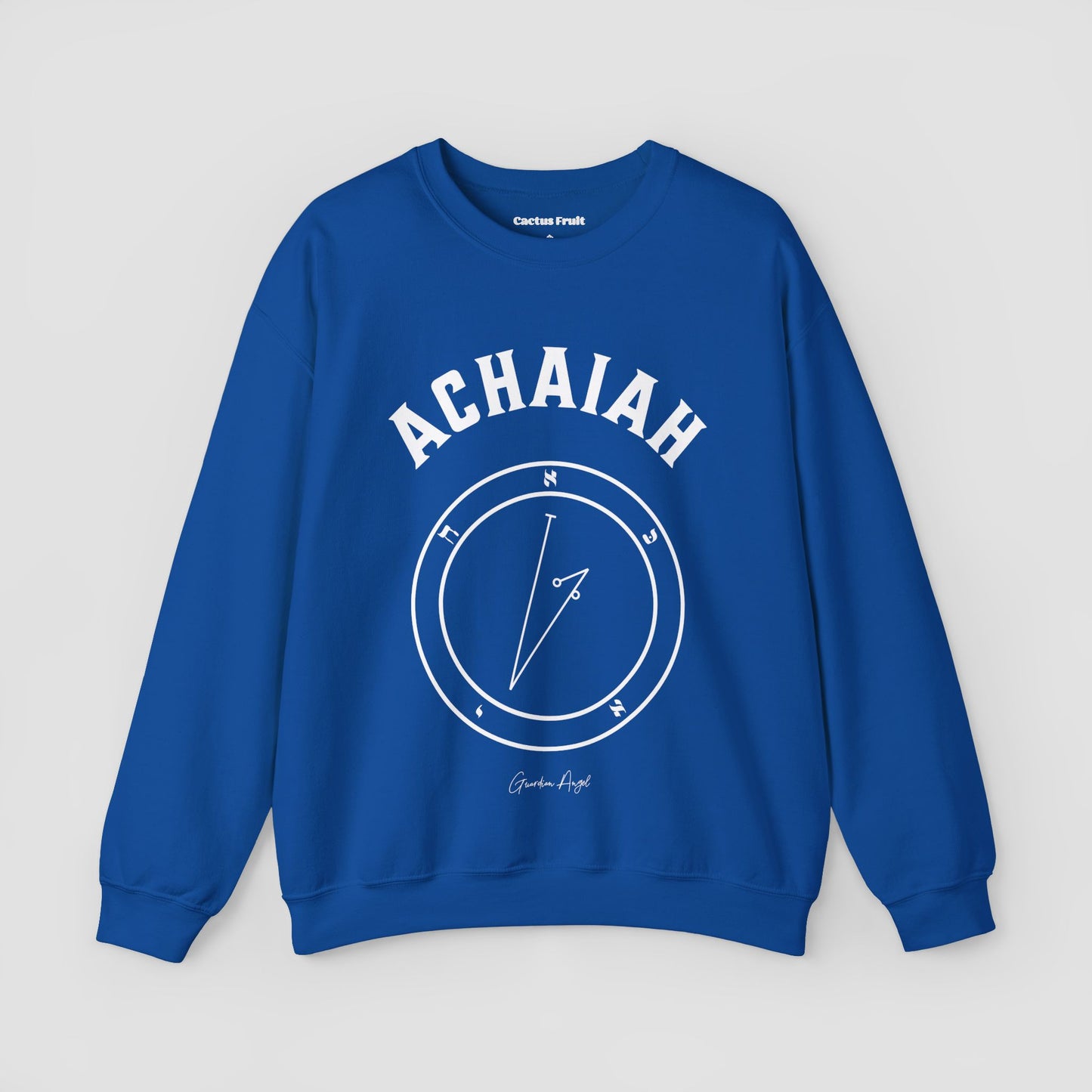 No.7 Shemhamphorasch Guardian Angel "Achaiah" Sweatshirt in Royal Blue. With the seal of Achaiah in white print on the front.